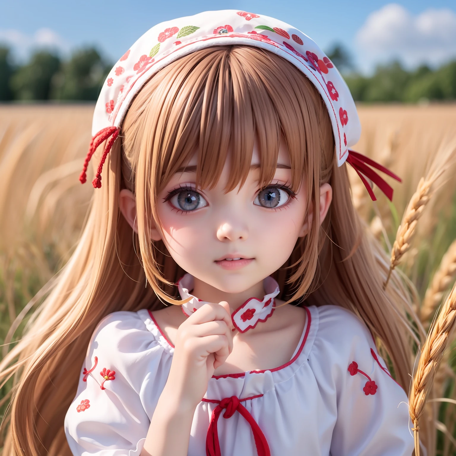 ((6year old girl:1.5)), complete anatomy, children's body, child, super cute, girl, little girl, random poses,random angles,

Ukrainian girl, wheat field, golden wheat field, embroidery,((red and blue embroidery)),
Ukrainian, Russian, Belarusian, Sorochka, Ukrainian folk costumes,(red, blue, white), (red, blue, and white hairband),

 beautiful girl, 1 girl, loli, petite girl, top quality, masterpiece, high eyes,drooping eyes,(realism: 1.2)), petite, bangs, tall eyes, natural light,(aquamarine eyes),bangs, beautiful girl with fine details, Beautiful and delicate eyes, Beautiful girl, detailed face, Beautiful eyes, beautiful shining body, 8K images,