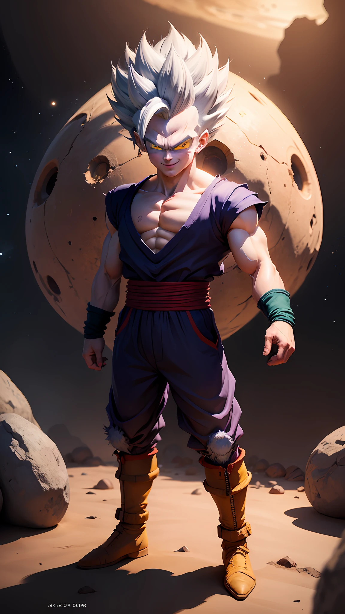 masterpiece, best quality, ultra-detailed, adult Vegeta 1boy, solo, super sayagin 5, full body, evil smile, gray hair, spiky hair, red eyes, dougi, full body, looking at the viewer, male focus, earth \(planet\), planet, space, cracked soil and rocks rising, rubble rising,