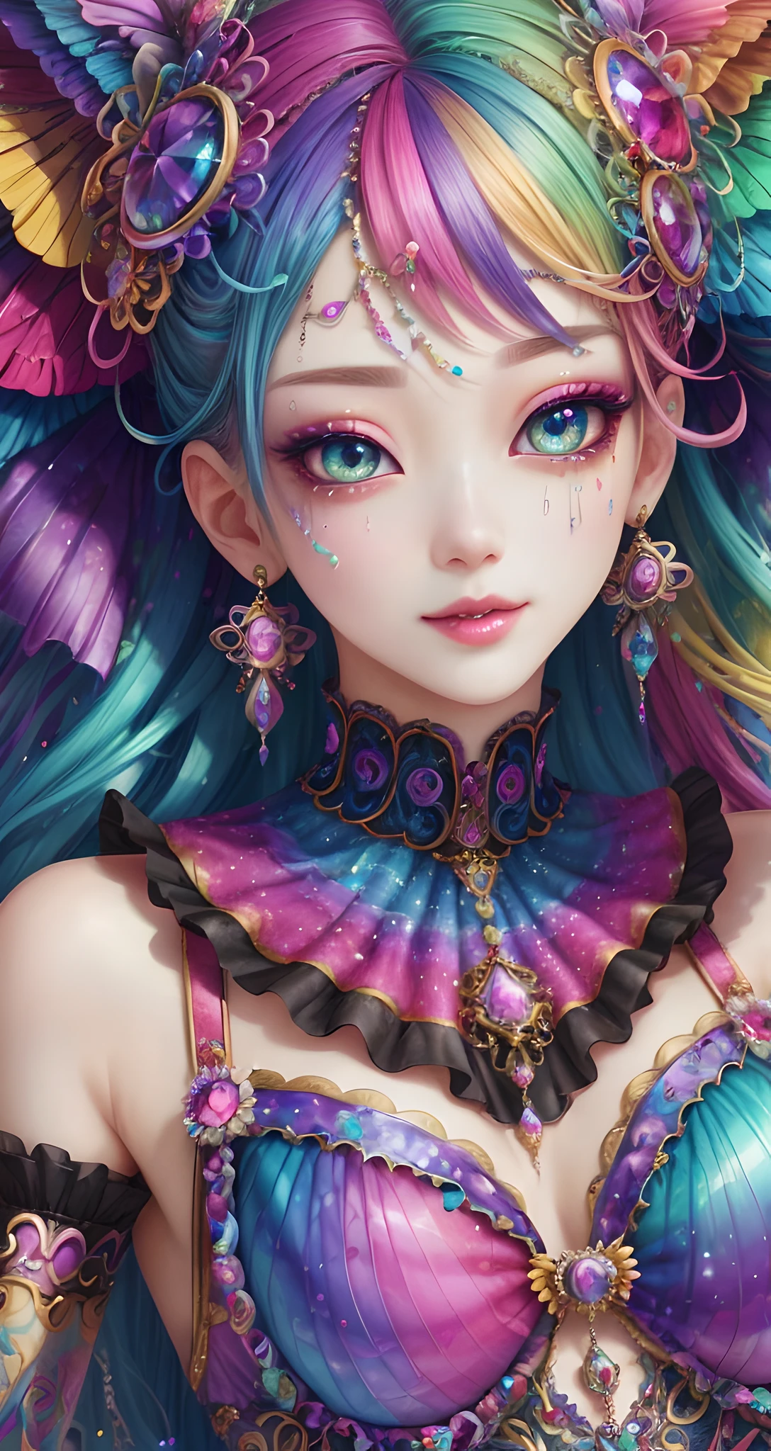 This artwork should be colorful and evoke feelings of euphoria and ecstasy. Generate a beautiful fantasy woman with an interesting and dynamic manic expression. The woman is dressed in the style of Harajuku decora fashion. There are many intricate and highly detailed decora fashion accents. Clothing is ornate and extravagant with contrasting colors, textures, and patterns. Include strong influences from Lisa Frank. Include many awe-inspiring fantasy elements. ((Include phantasmal iridescence, crystals, bumps, and rainbow colors that drip like paint through the artwork.)) Rainbow paint should drip through hair and onto face and body. Pay particular attention to a beautifully detailed face with realistic shading. Include 8k eyes, highly detailed eyes, realistically detailed eyes, macro eyes, bright eyes. The overall feeling of this artwork should be happiness and excitement. The artwork should be highly ornate. Impress me. The artwork should be highly creative and ultra ornate. Include many decora decorations and accessories.