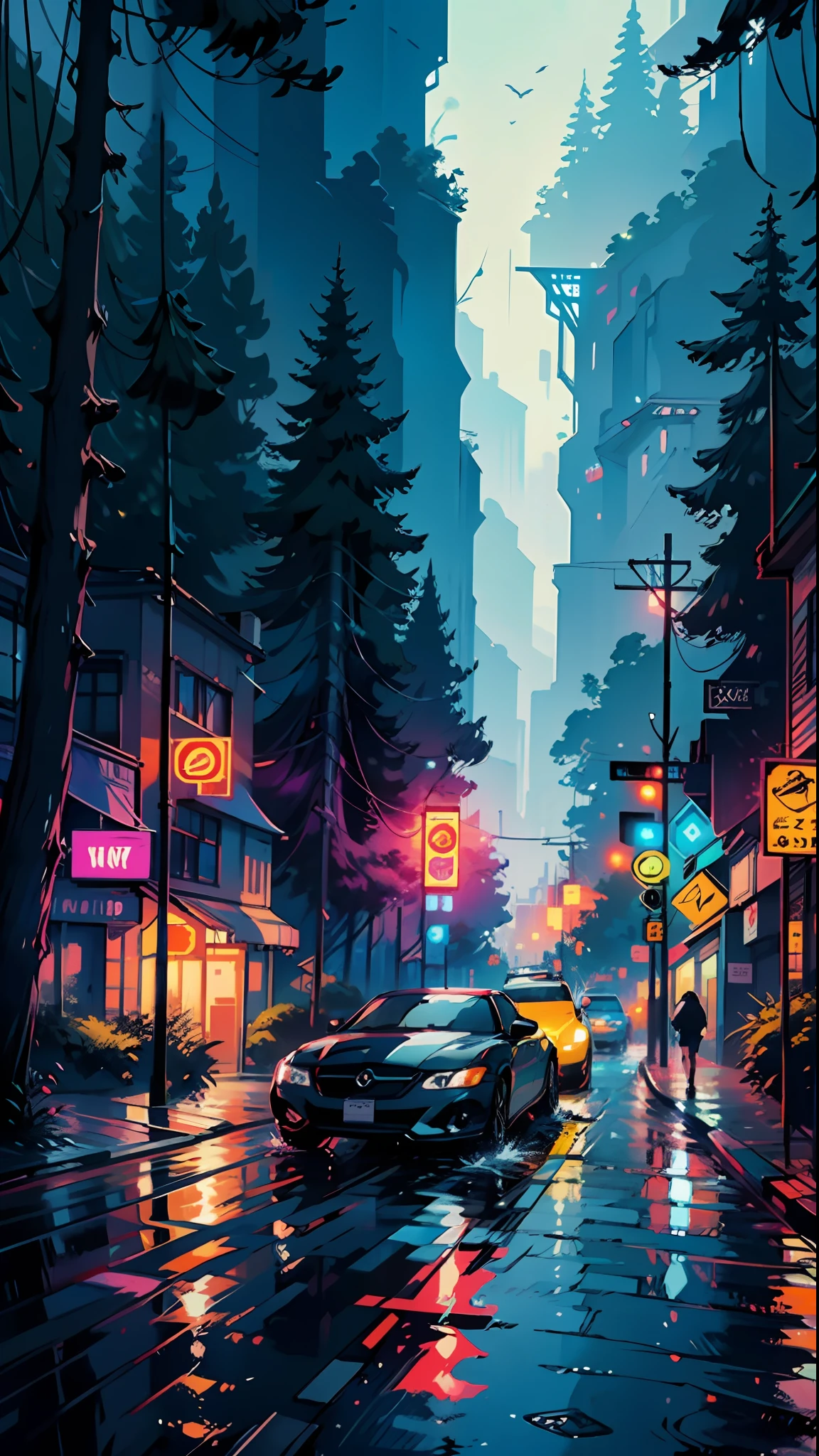Sports Car, Retro, Full Color, Multicolor, Artistic, Superior Detail, Super Quality, Fine Details, Highlights, Neon Lights, 8k, Masterpiece, City Night, Neon Lights, Wet Road, Mountains, Forest,