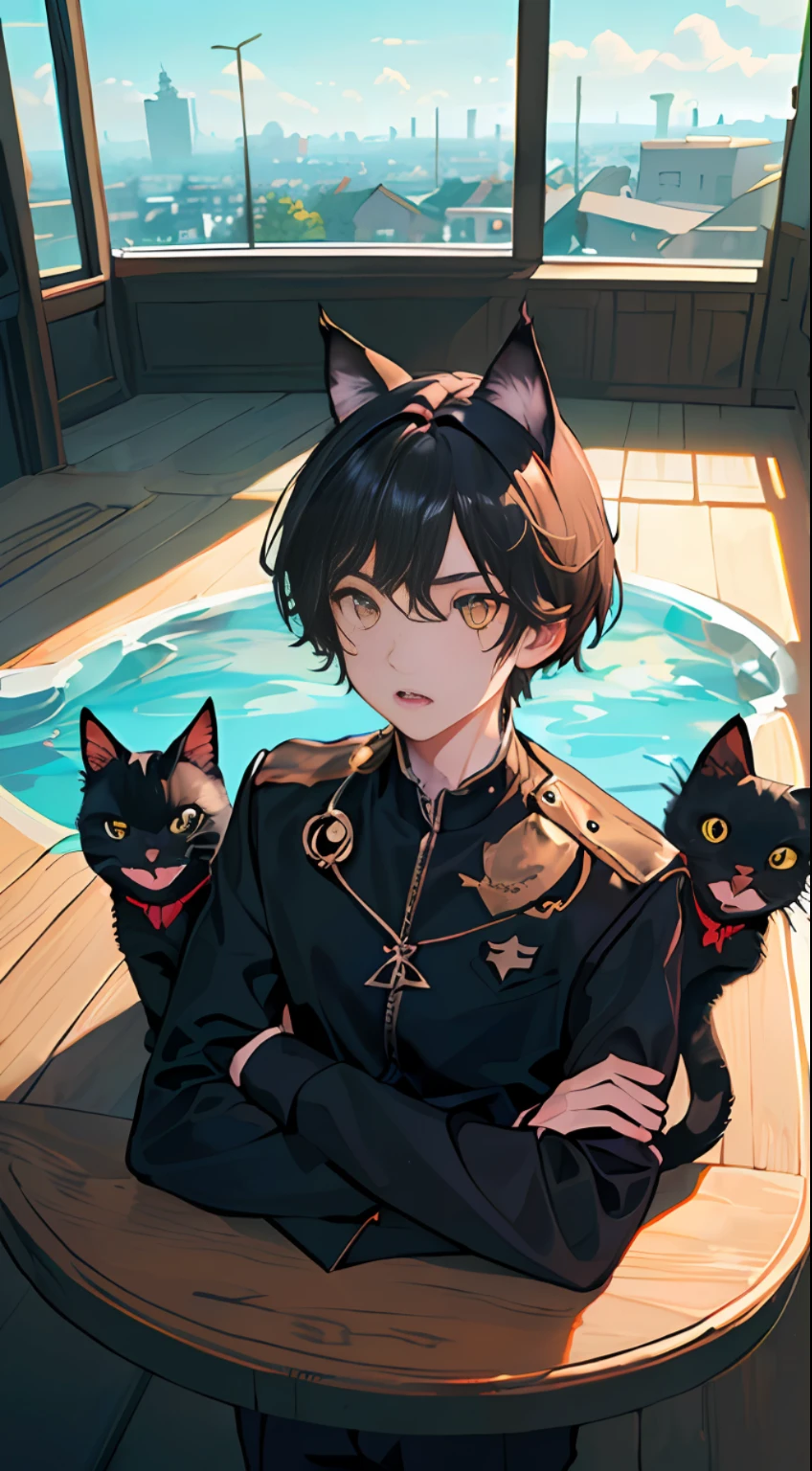 Anime boy with two cats sitting on a table in front of a pool - SeaArt AI