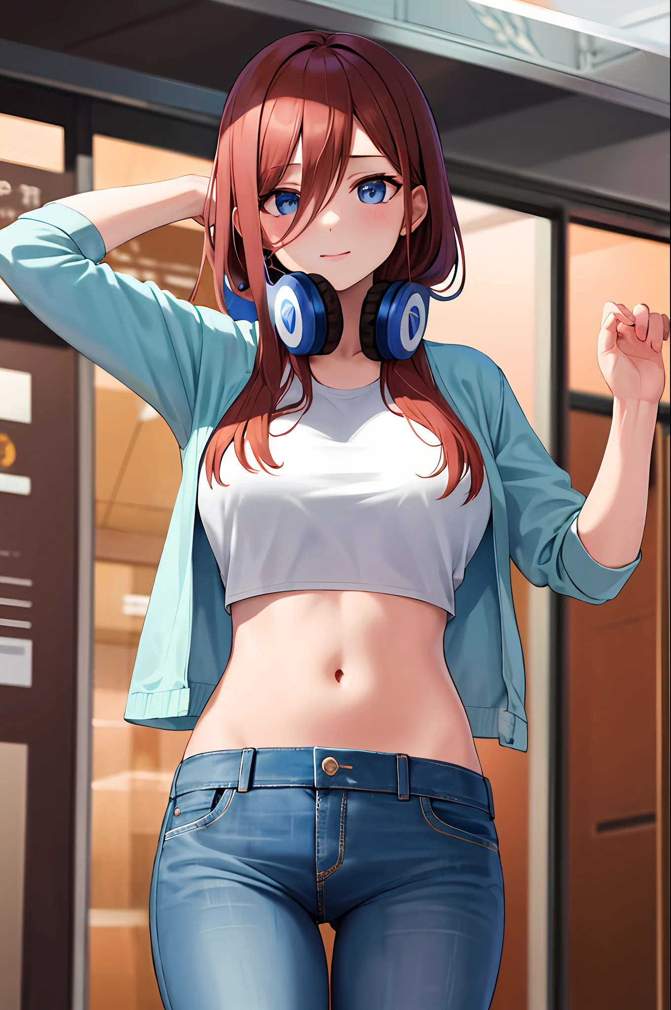 masterpiece, best quality, highres, nm1, headphones around neck, cowboy shot, standing, crop top, jeans