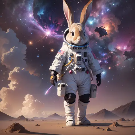 A white rabbit, wearing a spacesuit, full body, background black, dramatic lighting, complex, elegant, highly detailed, dynamic rendering, concept art, fantasy art, game, smooth, clear focus, illustration, 3D rendering, cartoon style --auto