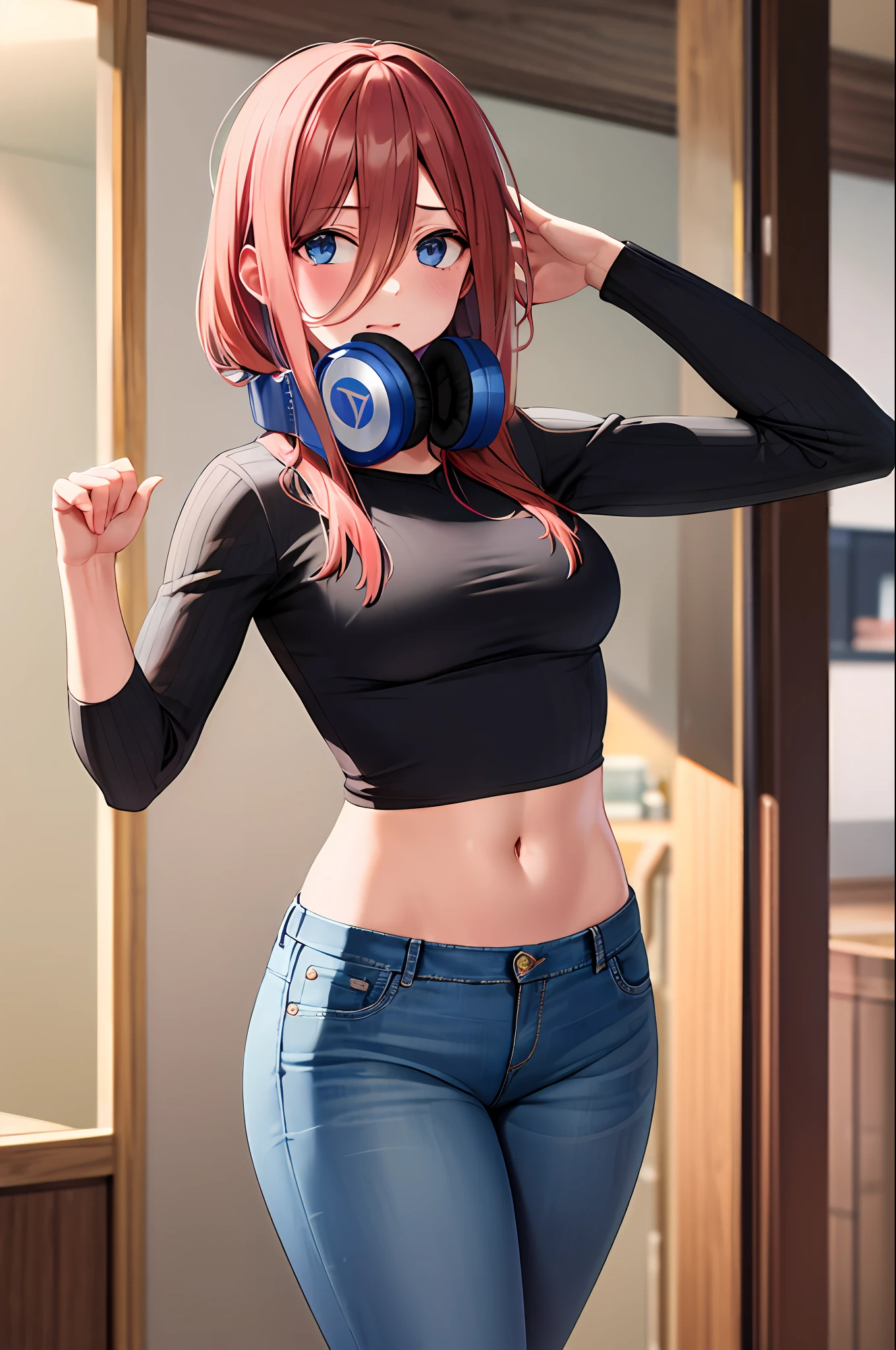 masterpiece, best quality, highres, nm1, headphones around neck, cowboy shot, standing, crop top, jeans