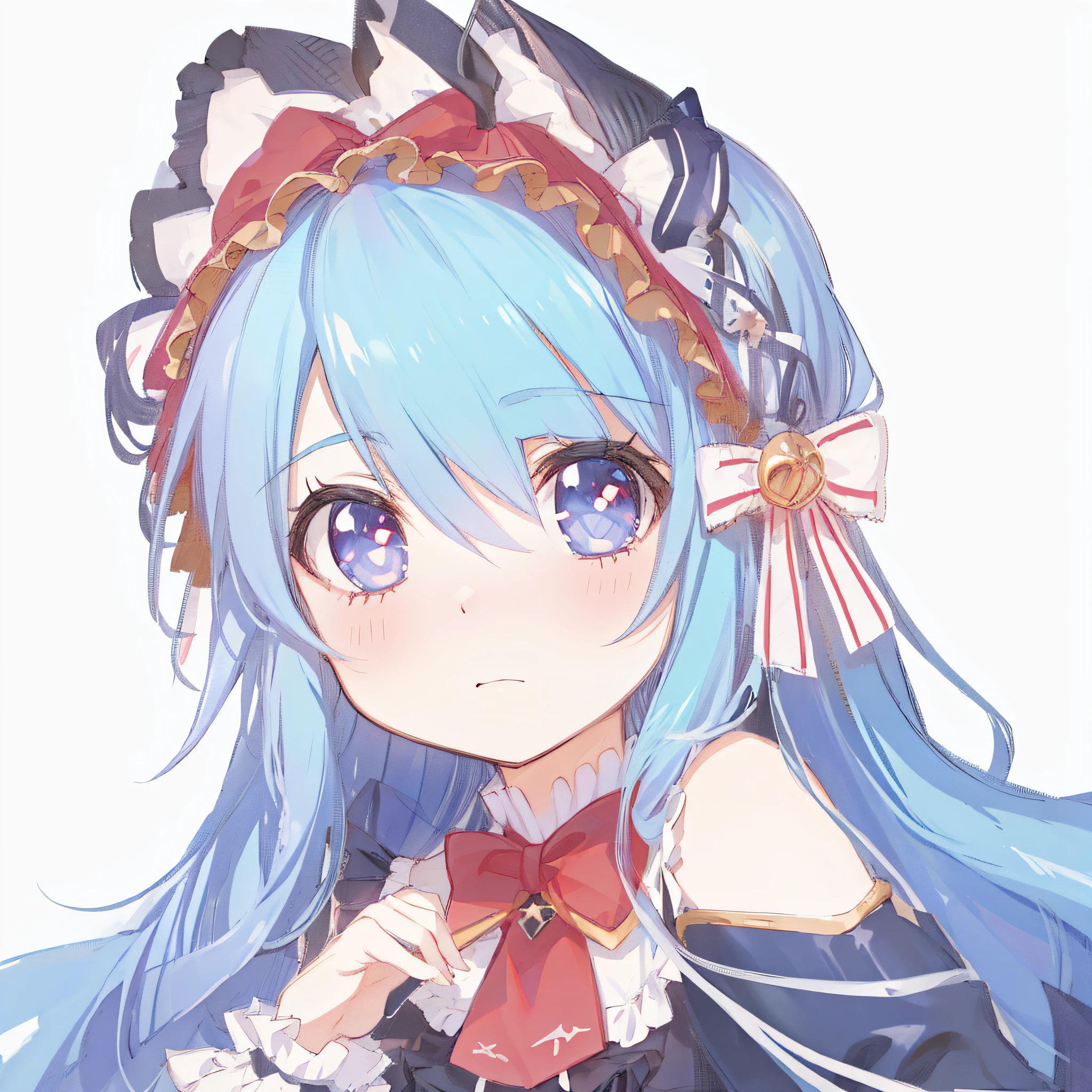 Anime girl with blue hair and red and white dress and red bow, loli, 2d anime, 2d anime style, different pupil, red left eye, blue right eye, rem rezero, anime moe art style, pixiv style, little curve , pixiv, hatsune miku portrait, 2d art, mikudayo, stylized anime