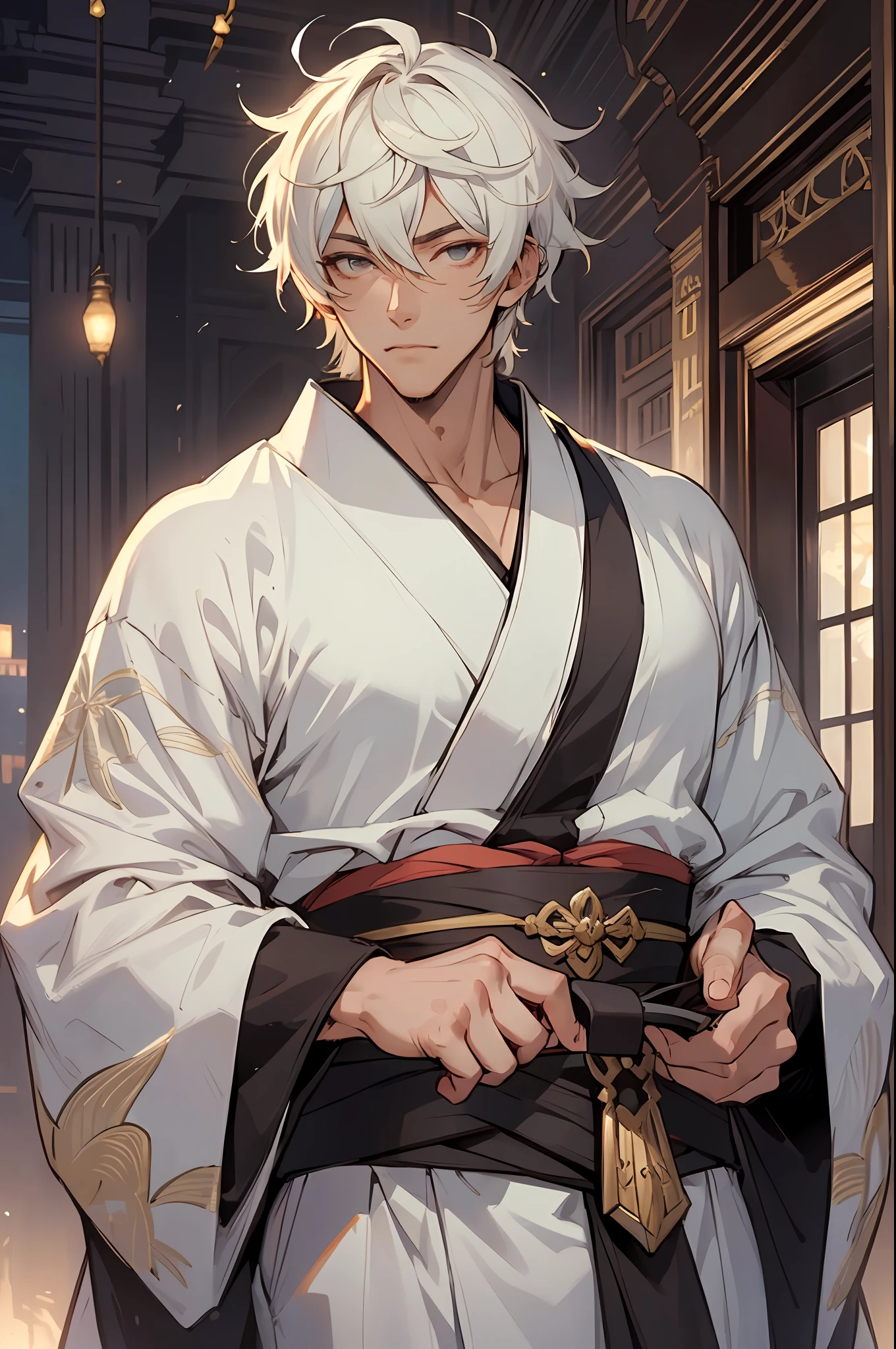 ((Masterpiece, Top Quality, Cinematic Light)), Adult, Male 1, Handsome, tall muscular man, broad shoulders, delicate eyes and delicate face, white hair, detailed background, kimono, lumine (genshin impact),