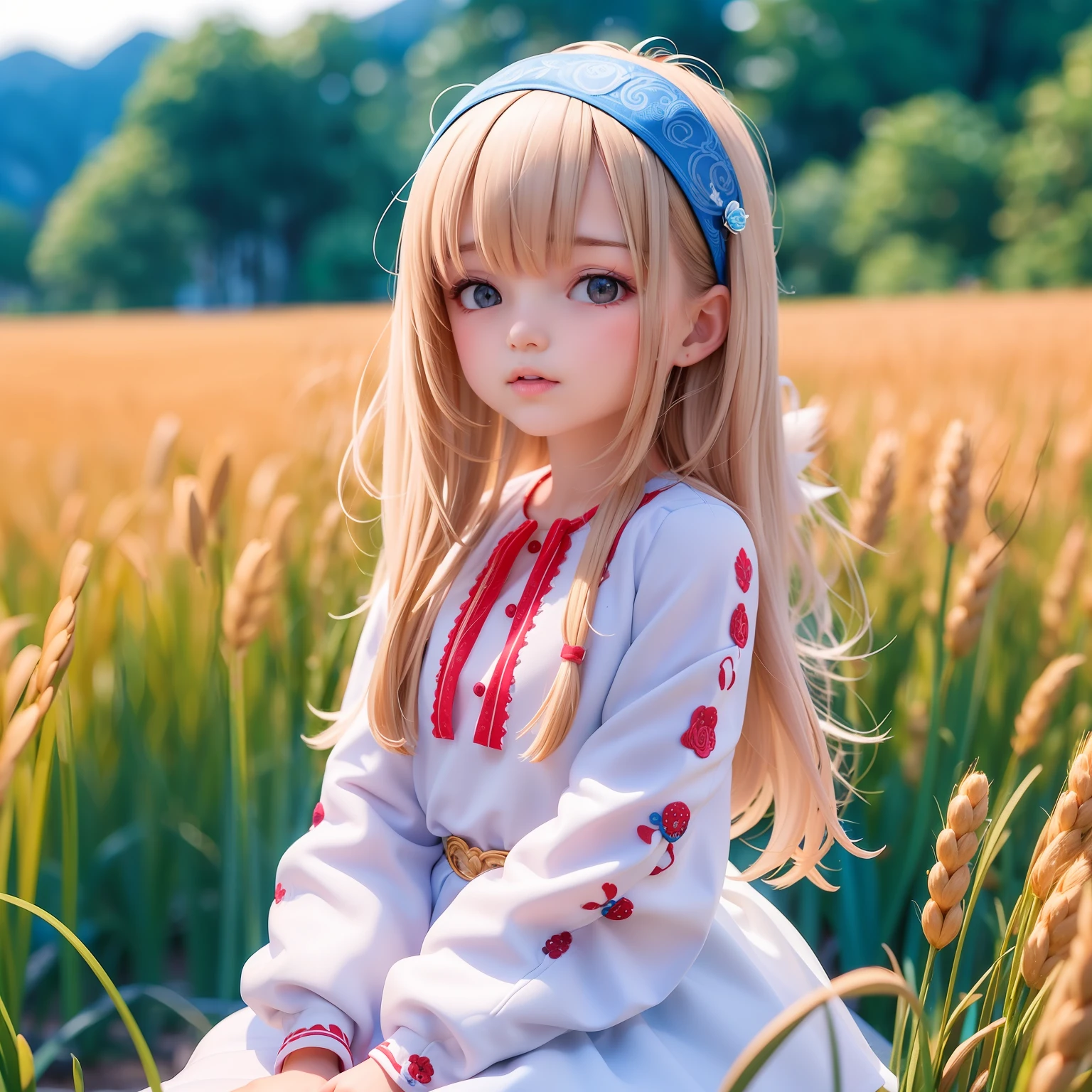 ((9year old girl:1.5)), complete anatomy, children's body, child, super cute, girl, little girl, random poses,random angles,

Ukrainian girl, wheat field, golden wheat field, embroidery,((( blue embroidery:1.5))),red embroidery,
Ukrainian, Russian, Belarusian, Sorochka, Ukrainian folk costumes,(red, blue, white), (red, blue, and white hairband),

 beautiful girl, 1 girl, loli, petite girl, top quality, masterpiece, high eyes,drooping eyes,(realism: 1.2)), petite, bangs, tall eyes, natural light,(aquamarine eyes),bangs, beautiful girl with fine details, Beautiful and delicate eyes, Beautiful girl, detailed face, Beautiful eyes, beautiful shining body, 8K images,