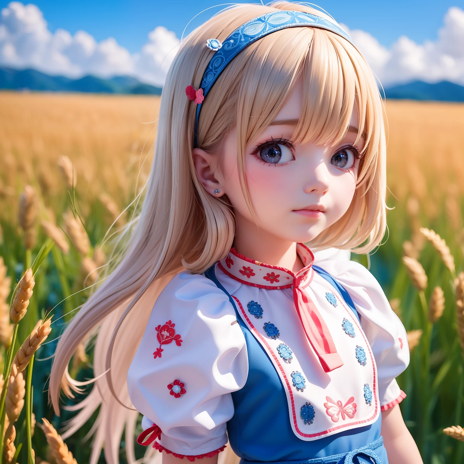 ((9year old girl:1.5)), complete anatomy, children's body, child, super cute, girl, little girl, random poses,random angles,

Ukrainian girl, wheat field, golden wheat field, embroidery,((( blue embroidery:1.5))),red embroidery,
Ukrainian, Russian, Belarusian, Sorochka, Ukrainian folk costumes,(red, blue, white), (red, blue, and white hairband),

 beautiful girl, 1 girl, loli, petite girl, top quality, masterpiece, high eyes,drooping eyes,(realism: 1.2)), petite, bangs, tall eyes, natural light,(aquamarine eyes),bangs, beautiful girl with fine details, Beautiful and delicate eyes, Beautiful girl, detailed face, Beautiful eyes, beautiful shining body, 8K images,