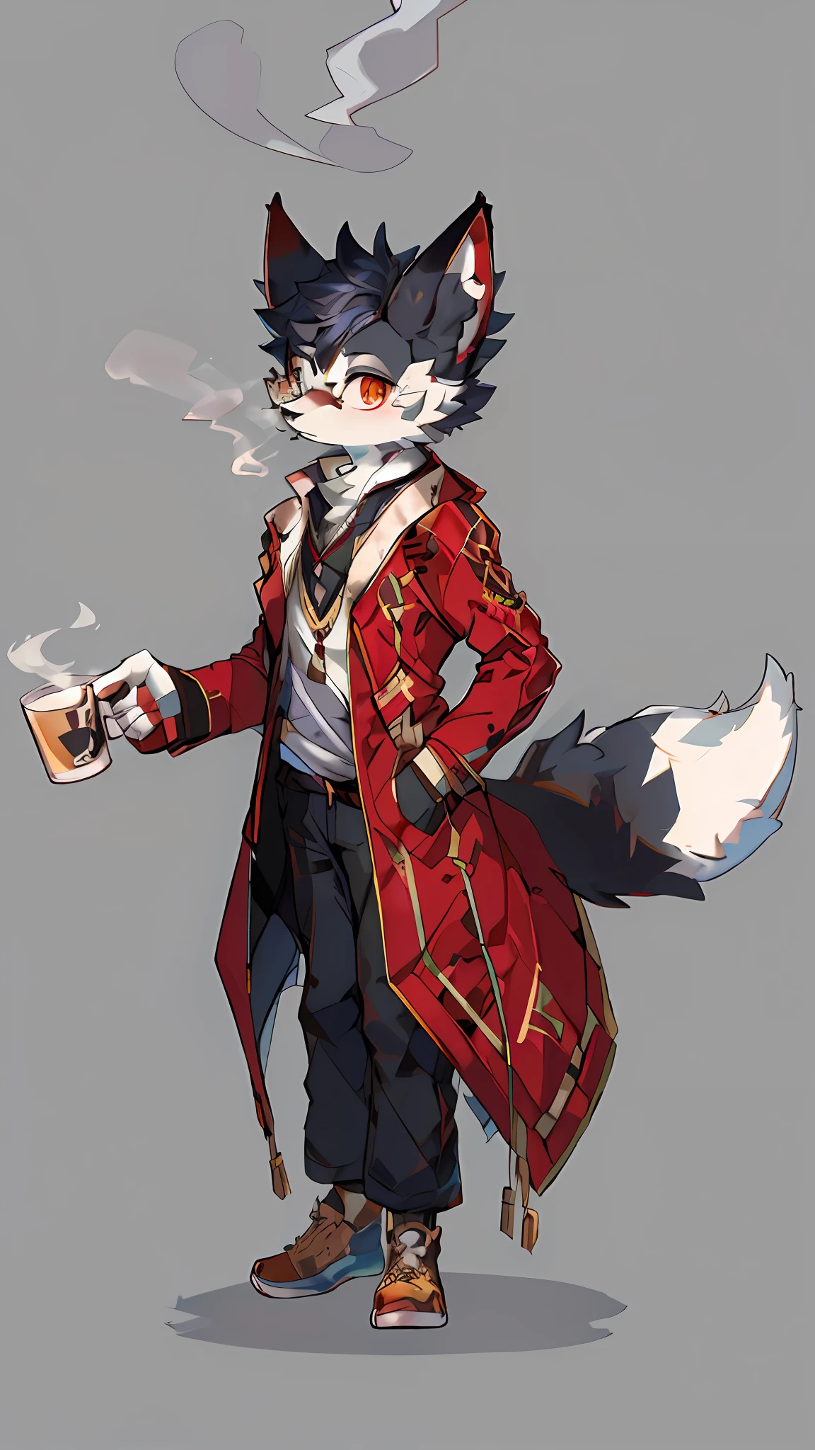 anime character of a cat dressed in a red coat holding a cup of coffee, fursona wearing stylish clothes, ((wearing aristocrat robe)), an anthropomorphic fox, an anthro fox, anthropomorphic fox, fur attire, an anthropomorphic cyberpunk fox, wearing fancy clothes, furry character, fursona art, fullbody commission for