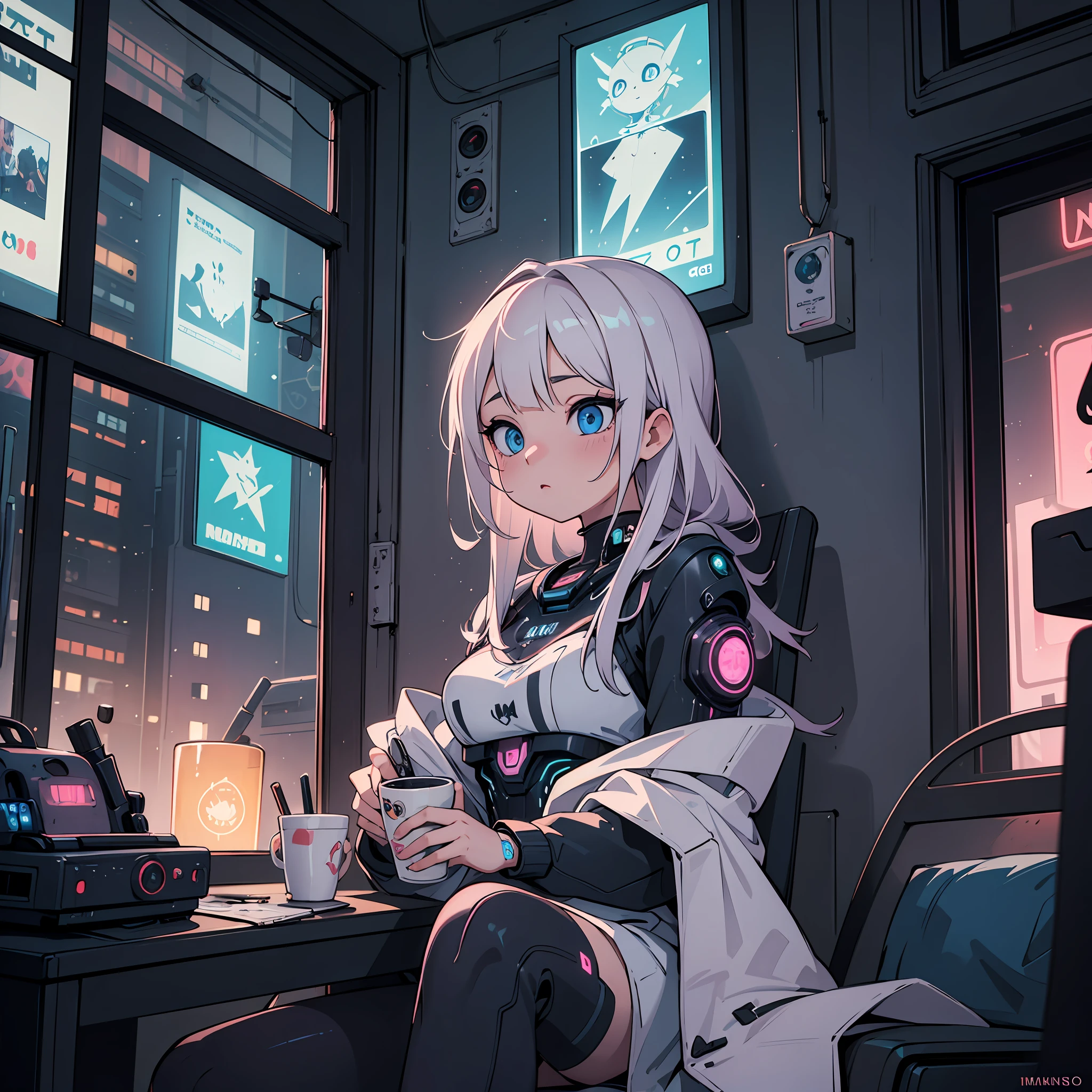 (masterpiece, best quality, ultra detailed),(cyberpunk, neon, cyber,) 1girl, anime, pretty eyes, long eyelashes, cozy blanket, long sleeve and short pajamas, fluffy texture, with a cup of hot cocoa, winter vibes,, cute decorations, cyborg, punk, neon lights, techno, technology, neon cityscape on the window