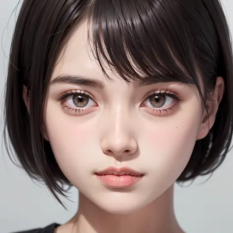 there is a woman with a short hair and a black shirt, beautiful japanese girls face, cute natural anime face, girl cute-fine-face, soft portrait shot 8 k, close up of a young anime girl, young adorable korean face, japanese facial features, portrait of a j...