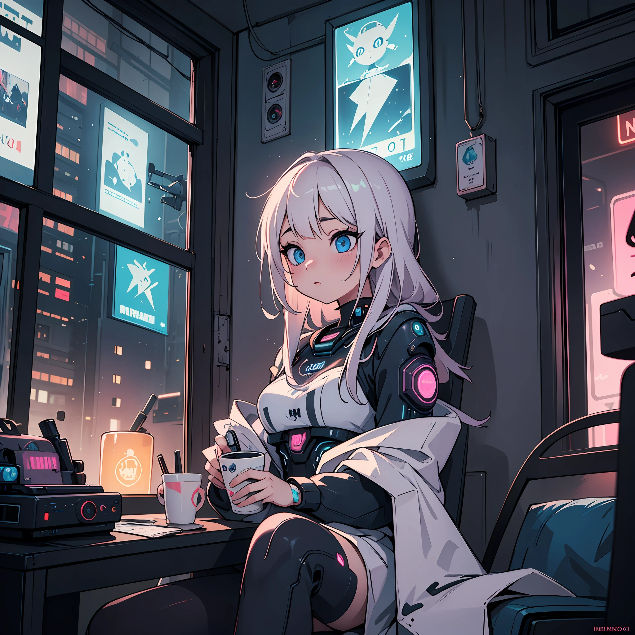 (chef-d&#39;œuvre, Meilleure qualité, ultra détaillé),(cyberpunk, néon, cyber,) 1fille, animé, jolis yeux, long cils, couverture douillette, pyjama à manches longues et courtes, Texture moelleuse, avec une tasse de chocolat chaud, ambiance hivernale,, jolies décorations, cyborg, punk, néon lights, techno, technologie, néon cityscape on the window