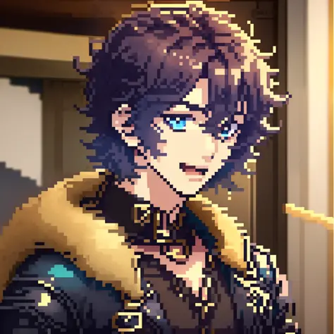 ung boy,Ikemen ,purple hair, blue leather jacket, parted hair, portrait, curly hair at the end, cheerful