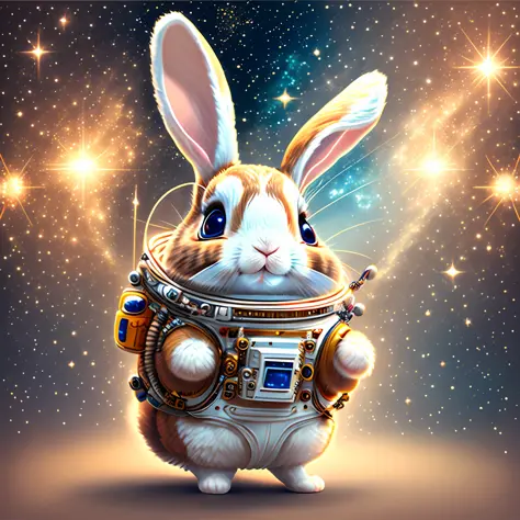 A cute rabbit in a spacesuit, exploring space, smiling, shining eyes and dancing --auto