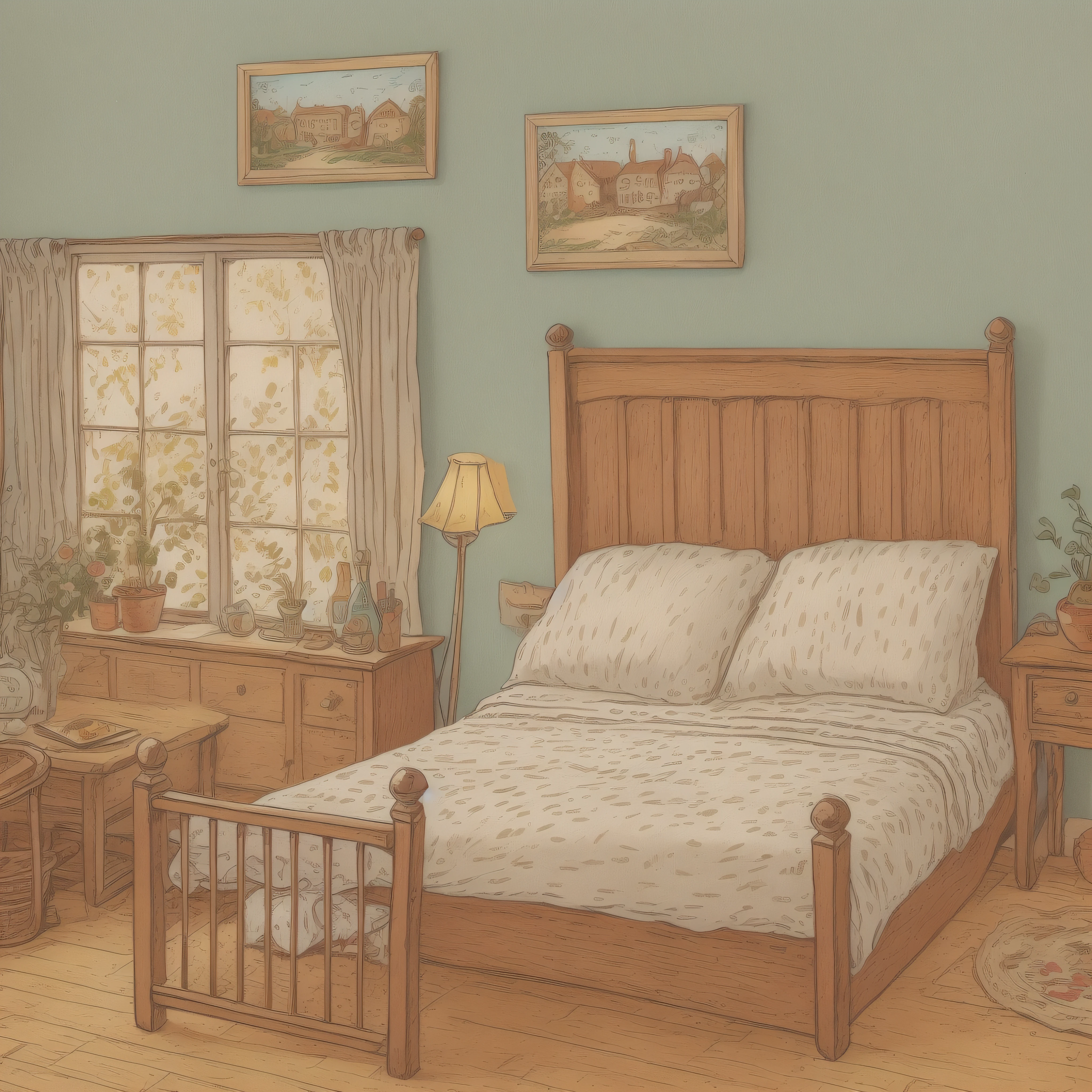 어린이 그림책 삽화, 마을 여관의 침대 2개, 설정 이미지, 귀여운, 컬러 일러스트, 구성 재료, 화려한 색상, 18세기 프랑스,