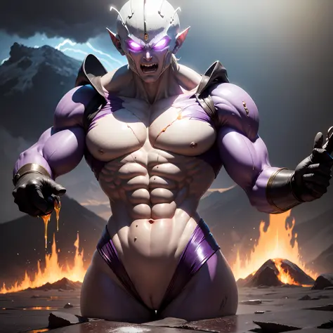 "1 Frieza, victory pose, in a realistic anime style, White skin, thick syrup at the beginning and thin at the end, purple top of the head, with ultra realistic details, rays falling from the sky, volcanic magma floor and an epic scenery."