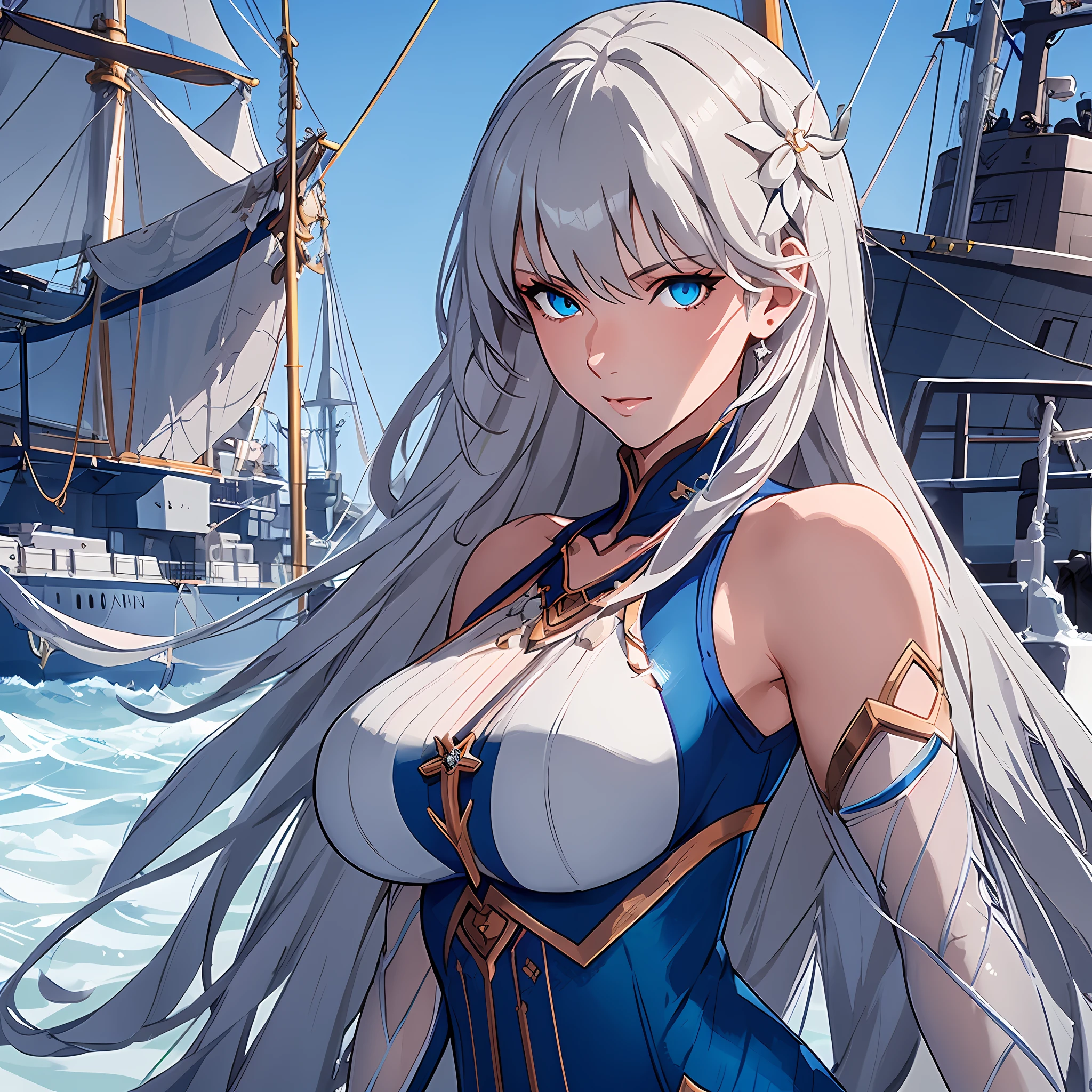 fiona\(tof\), anime, best quality, materwork, ultra detailed face, ultra detailed eyes, glowing eyes with frost energy, anime eyes, (large breast:0.6), adult, artstation, concept art, sharp focus, concept art,  standing on board a future sea ship, good contrast, good lighintg,