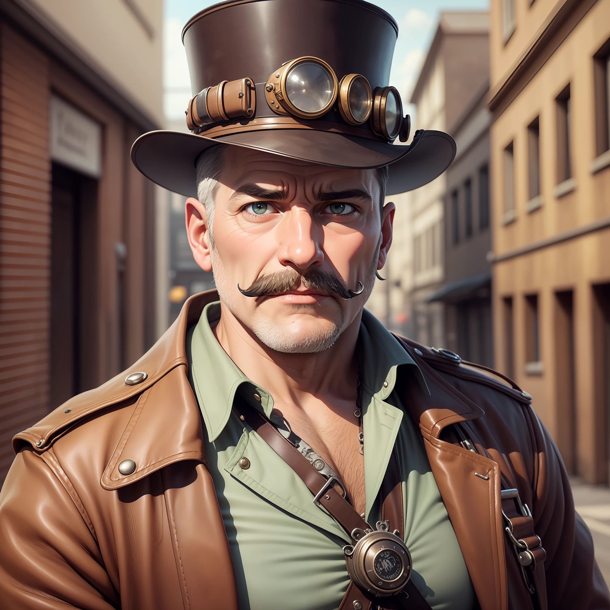 UmHome Detective, Conceptual Art, Realism, Godley, Film Lighting, Multiview, Canon, UHD, High Detail, High Quality, HD, 16k, Steampunk, Strong Big Middle Aged Man, Steampunk, Vintage Pilot Goggles, Leather Jacket, Leather Vest, Leather Pants, White Shirt, Top Hat, (Face: 1.3), Face, Detailed face, perfect eyes, serious expression, skinhead, mustache, industrial background, intricate details, natural light, correct anatomy, good composition, masculine image, manly, refreshing and clear skin texture, perfect anatomy, holding a handgun in right hand