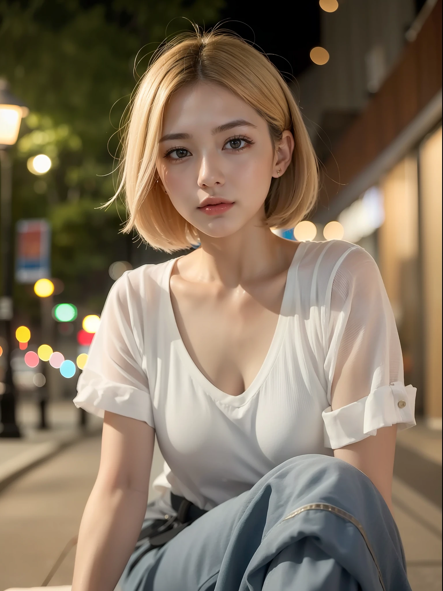 ((Best Quality, 8k, Masterpiece: 1.3, Raw Photo)), Sharp Focus: 1.2, (1 aespa Girl: 1.2), (Realistic, Photorealistic: 1.37), (Face Focus: 1.1), Cute Face, Tenderness, Small Breasts, Flat Breasts, Short Messy Hair, (White Casual Shirt: 1.1), Beautiful Woman Sitting Under Street Lamp Light, Movie Lighting