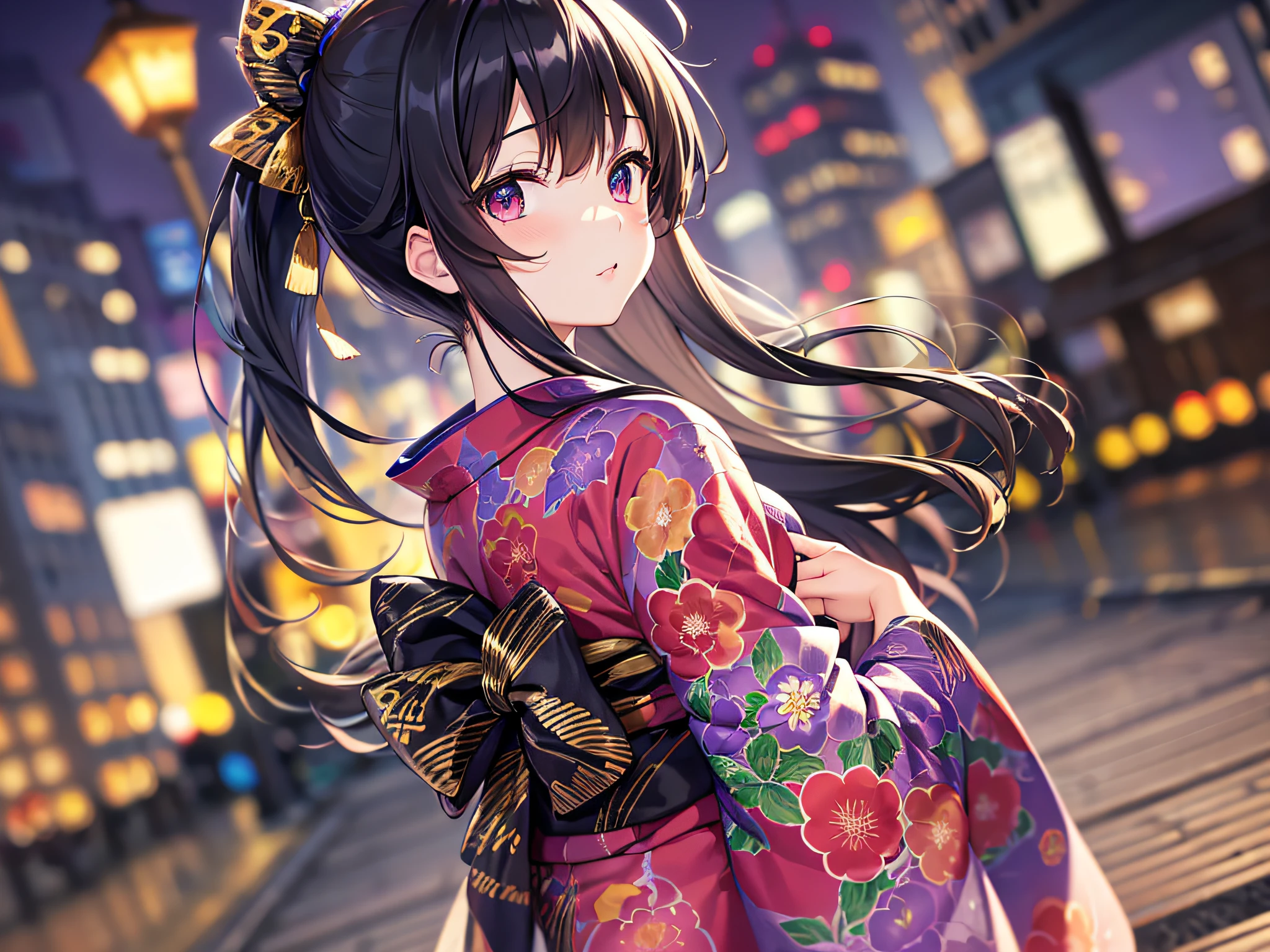 Anime girl in yukata, inn, pretty night view, perfect black hair girl, flowing hair, smooth art CG, top quality, ultra high resolution, 16K, intricate details, (turning from behind; 0.7), absurdity, yukata, (nape: 1.4), 1 girl, pretty eyes