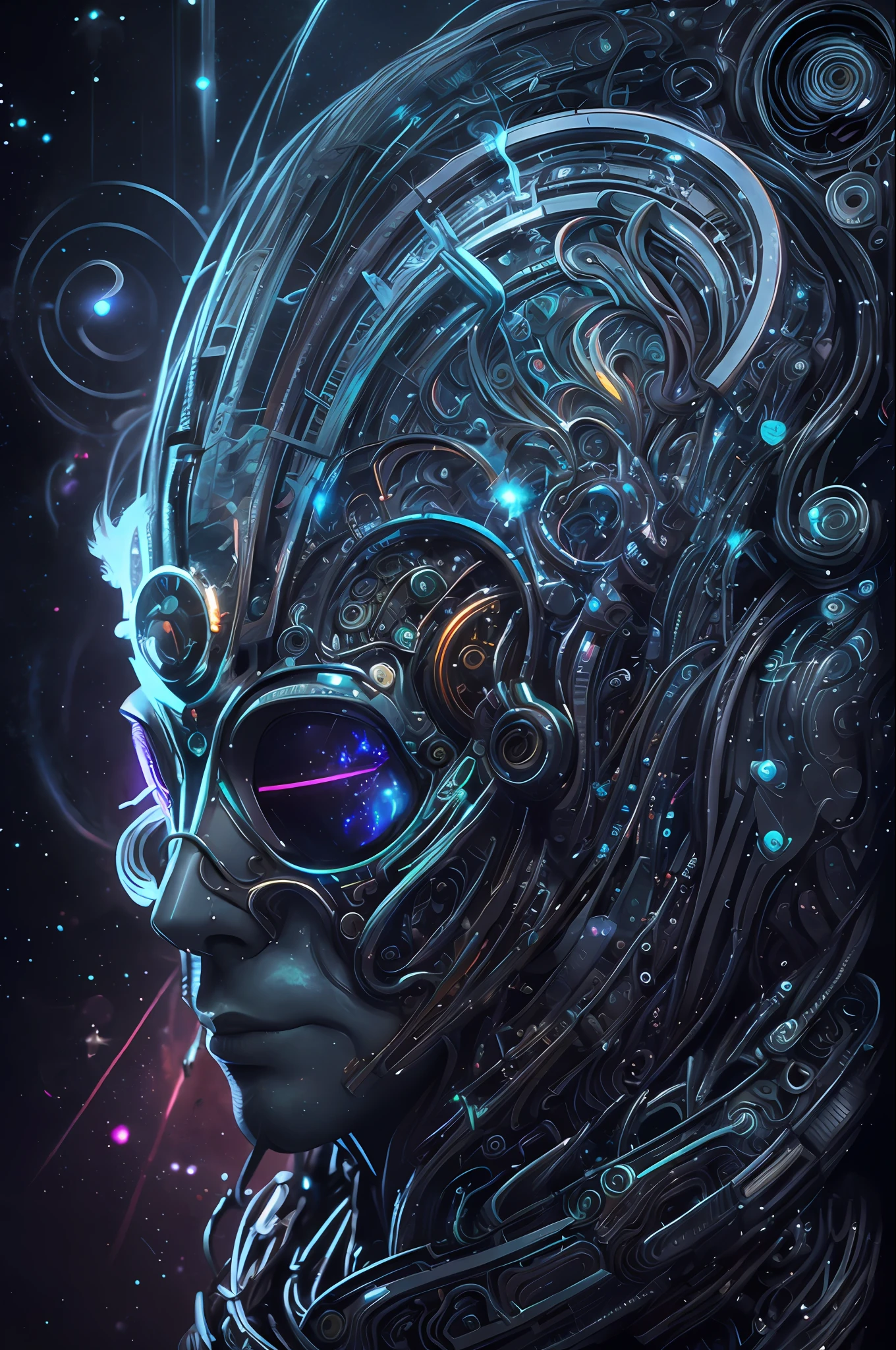 bioluminique [sh4g0d:0.6], portail hélicoïdal, portrait, [cheveux fluorescents:0.7], masque cybernétique galactique
