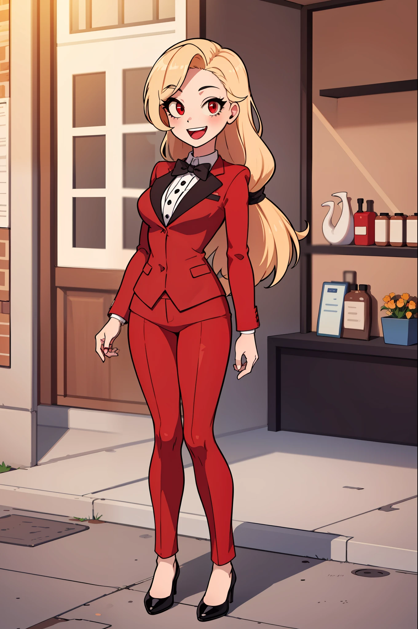 (masterpiece, best quality:1.2), full body, standing, solo, 1girl, charlie morningstar, \:d, looking at viewer, long hair, red suit, red pants, mature women, red eyes, black bow tie, black shoes