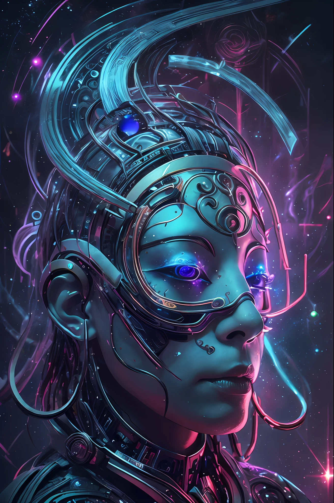 bioluminic [sh4g0d:0.6], portal de hélice, retrato, [pelo fluorescente:0.7], galactic cybernetic mask