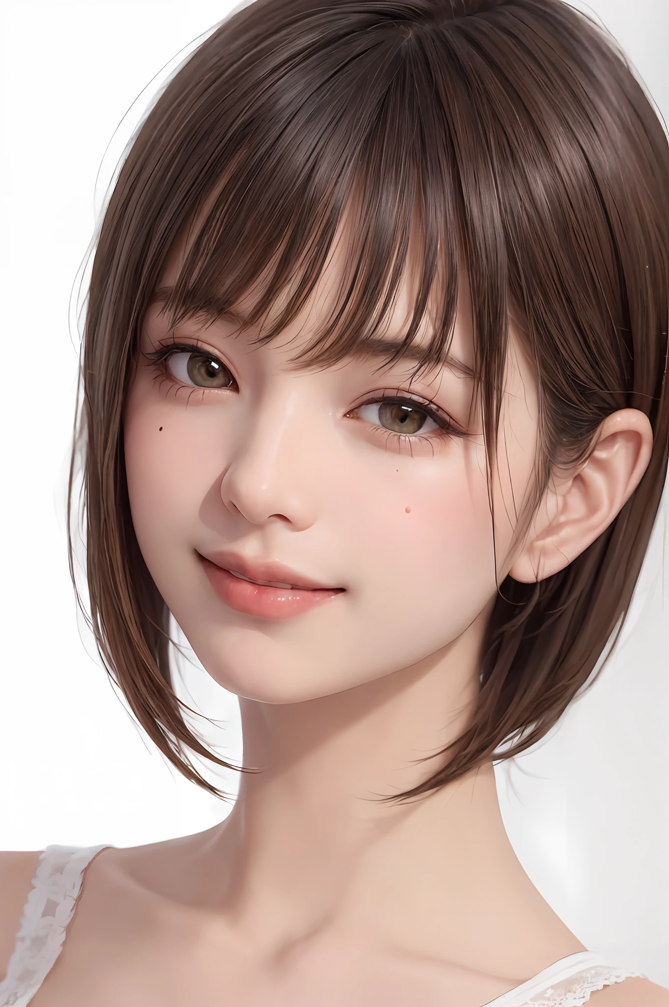 1 girl, solo, shiny skin, breasts, very detailed, ultra detailed, ultra high definition, full body, (photorealism:1.4), (best quality), (best shadow), ulzzang-6500, detail, perfect lighting, black hair, ((showpiece, top quality, high precision)), one girl, (big breasts, photorealistic: 1.4), (look up at the camera even a little, Look up at the camera, look up, look up at the camera, stare at the camera))), solo, , white background, snow-white background, close mouth, happy smile, pretty black hair, short hair, big eyes, clear double eyelids, eyelashes, ears out, long neck, long neck, absolute area, ((face close-up, short hair with bangs)), 1, Attractive proportions, shiny skin, clean collarbone, golden ratio face, perfect face, teardrop mole, mole on chest, bangs, clean bangs, beautiful bangs, lip gloss, thin lips, white skin, undressed, big breasts, small face, small face, staring at the camera slightly upwards, ((Facing the camera and smiling a little, really nothing pure white background, very big big breasts, big breasts))