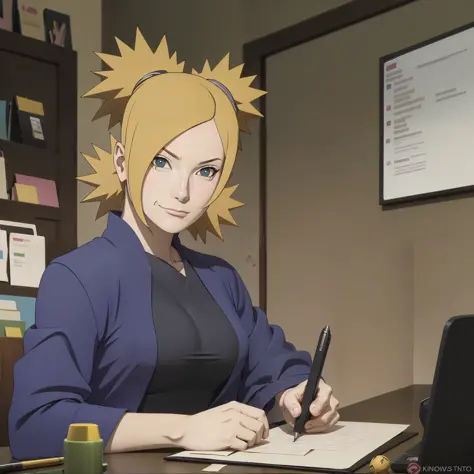 temari working in an office , masterpiece, great details, 6k , smirk .