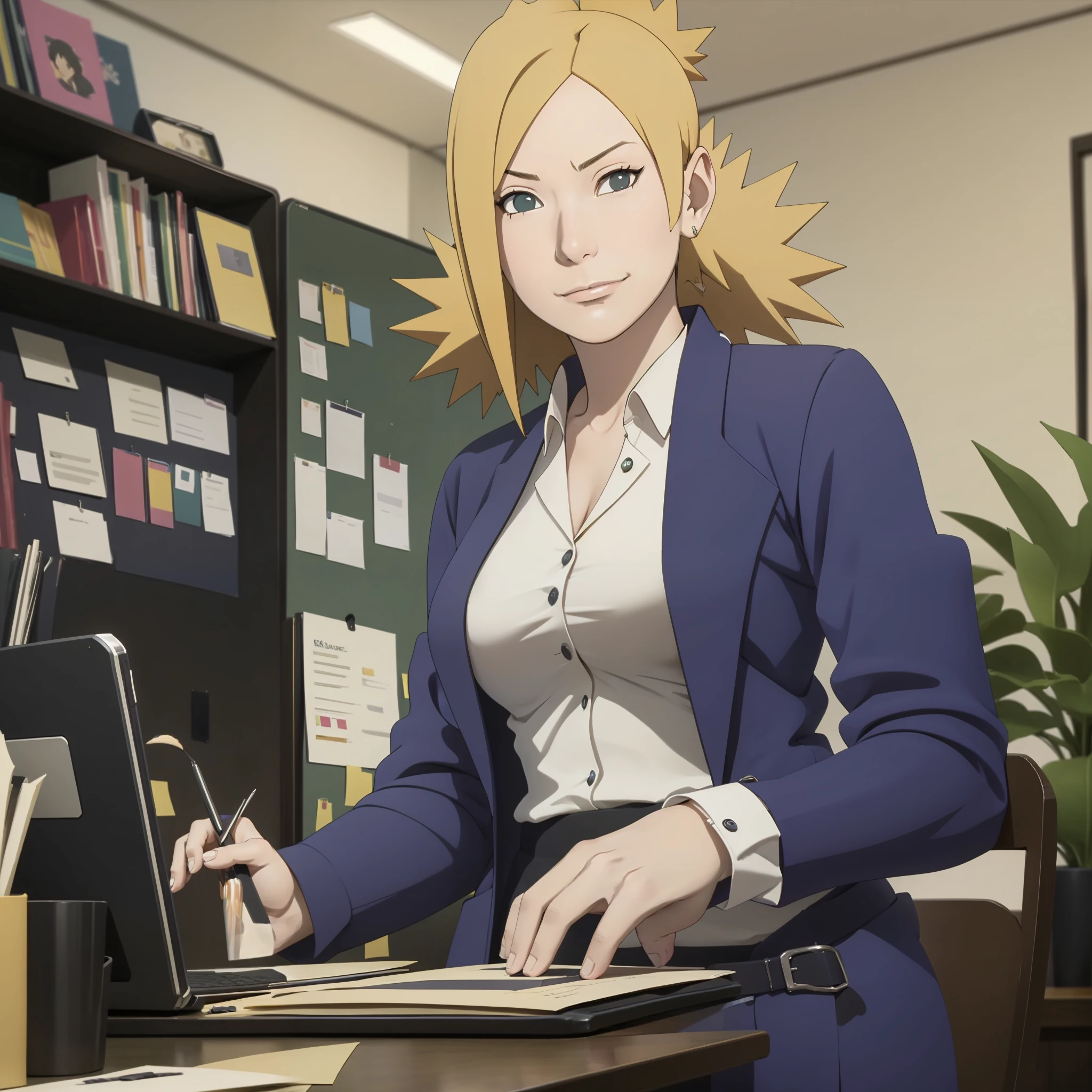 Temari working in an office , masterpiece, great details, 6k , smirk . Black woman's suit