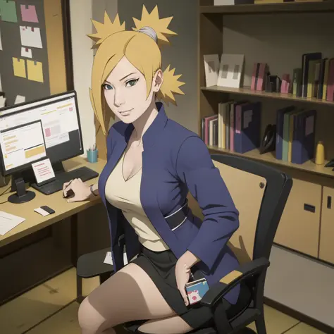 temari working in an office , masterpiece, great details, 6k , smirk . black woman's suit