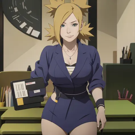 temari working in an office , masterpiece, great details, 6k , smirk . black woman's suit