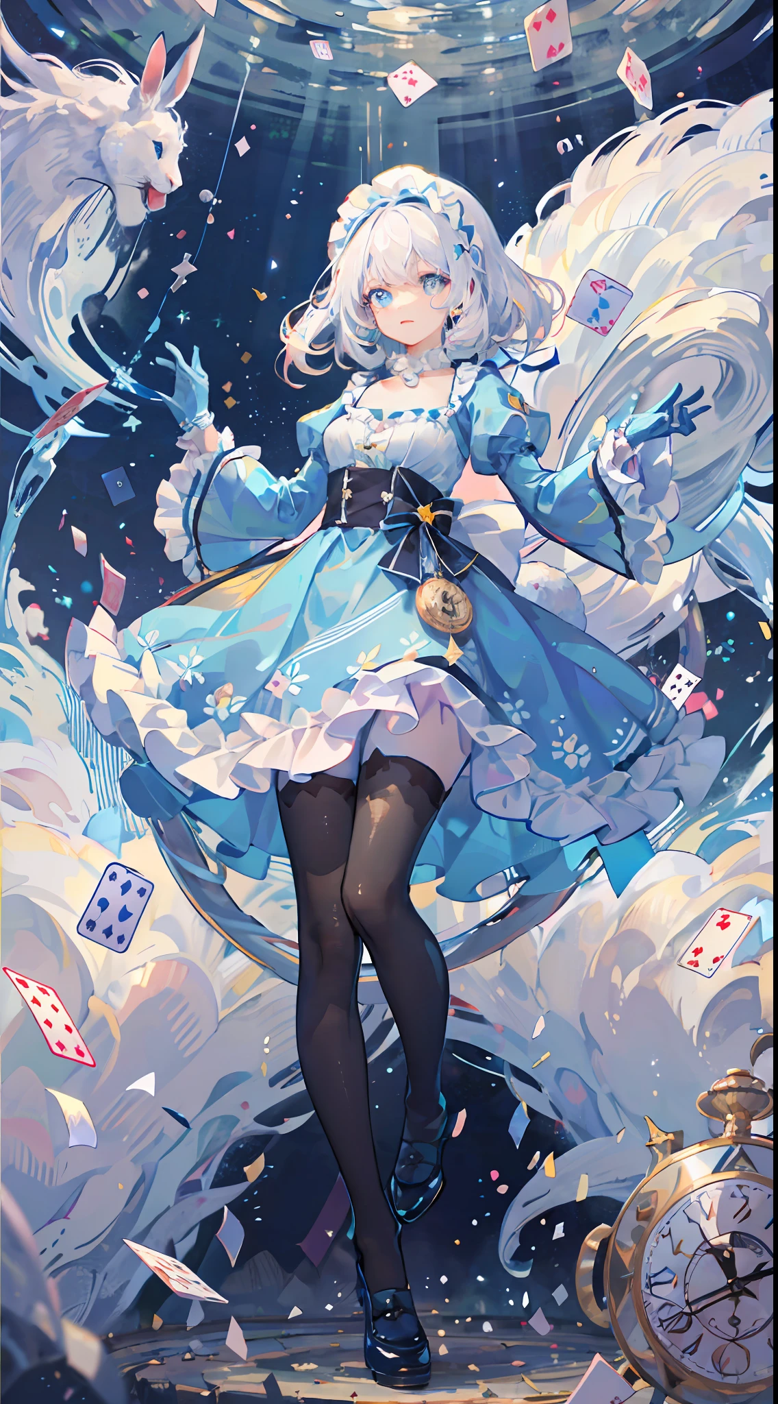 (Beautiful Detailed Eyes), Movie Lighting, White Hair, Blue Eyes, Long Blonde Hair, Curly Hair, Roman Curls, Puff Sleeves, Frills, Glowing Eyes, (Illuminated Particles), Cloudy Wrapper, Alice in Wonderland, Blue Eyes, Light Blue Dress, Cane, Dramatic Composition, Extreme Detail, High Resolution, Mr. Rabbit, White Rabbit, Pocket Watch, Playing Cards Flying in the Air, Lolita Dress, Blue and White Striped Stockings, Bow, Look at the Camera, Socks with Frills, Pearl Necklace, Lace Gloves, Large Bow Headdress, Ribbon, Jumping, falling, levitating, cloudy, starry, dreamy