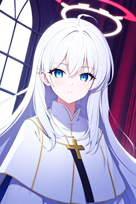 1girl, priest, blue eyes, white hair, clear, halo, stole