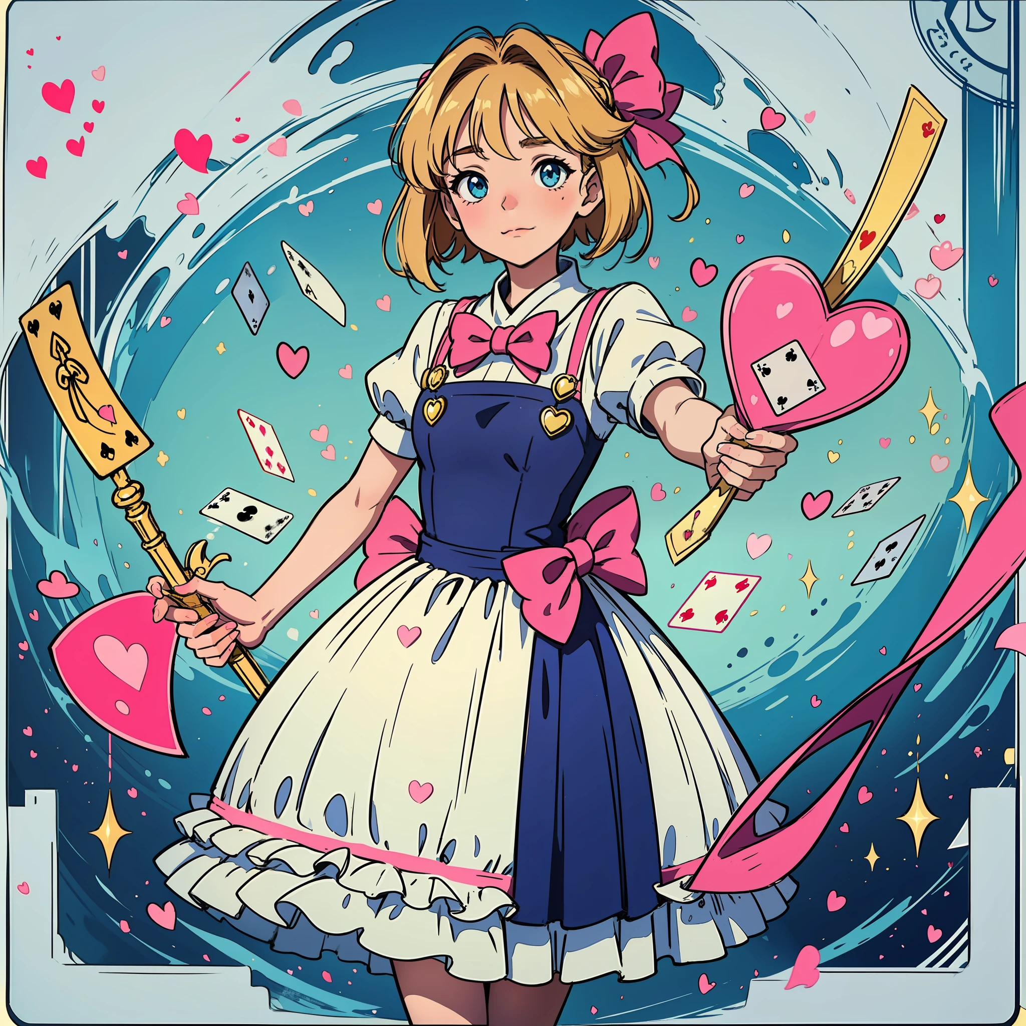 Sakura card captor,holding a pink heart-shaped crosier,background several golden colored playing cards,wearing blue tulle dress,with bows and ruffles in shades of white,anime style 90's,inspired studio Clamp