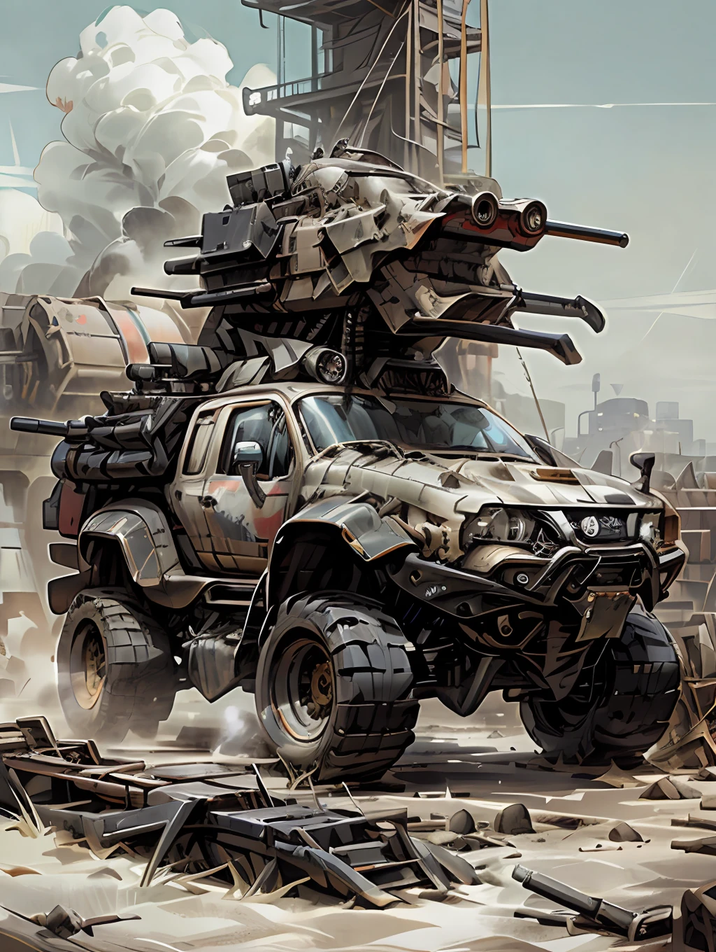 DISEL PUNK, araf cargo truck on the back (WEAPONS, CANNONS, DESTRUCTIVE, MISSILES, SUBMACHINE GUNS), concept art by Aleksander Kobzdej, deviantart, self-destructive art, EXTREMELY full of alien military equipment, military transport platform with apocalyptic weapons and missiles, in Mad Max style, polished and intricate state-of-the-art military vehicles, heavily armored, mechanized transport full of mechanics,  Futuristic vehicle, concept vehicle with incredible apocalyptic adaptations, vehicles, fully armored, redneck, perfect combination of war vehicles, technology and science, ((((Extremely detailed, finely tuned and defined, finely detailed, extremely intricate,