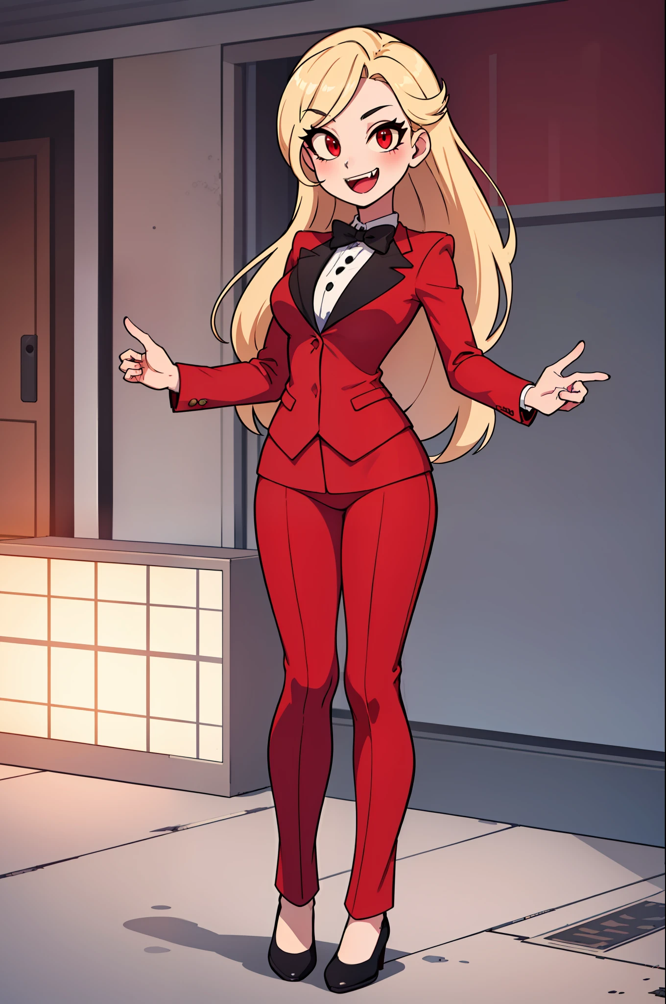 (Meisterwerk, beste Qualität:1.2), full boDy, stanDing, Allein, 1 Mädchen, Charlie Morgenstern, \:D, Betrachter betrachten, lange Haare, reD suit, reD pants, reife Frauen, reD eyes, Schwarze Fliege, schwarze Schuhe, Fangzahn