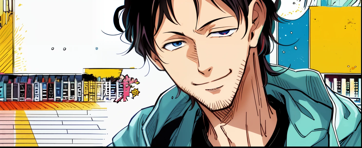 a anime of a man with a black hair, close up, smile, focus, hoodie, color manga, manga color, color manga, color manga panel, simple background, a white background