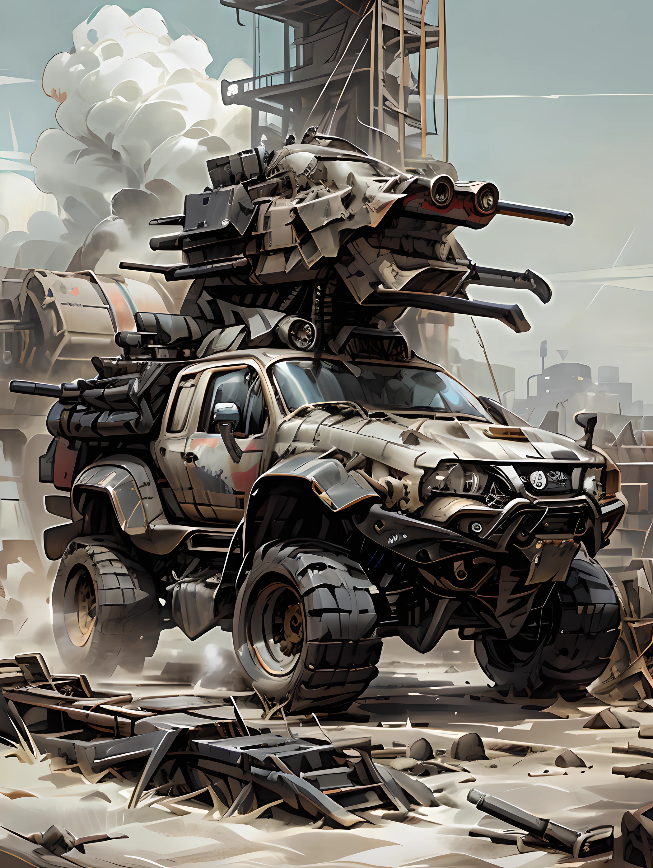 DISEL PUNK, araf cargo truck on the back (WEAPONS, CANNONS, DESTRUCTIVE, MISSILES, SUBMACHINE GUNS), concept art by Aleksander Kobzdej, deviantart, self-destructive art, EXTREMELY full of alien military equipment, military transport platform with apocalyptic weapons and missiles, in Mad Max style, polished and intricate state-of-the-art military vehicles, heavily armored, mechanized transport full of mechanics,  Futuristic vehicle, concept vehicle with incredible apocalyptic adaptations, vehicles, fully armored, redneck, perfect combination of war vehicles, technology and science, ((((Extremely detailed, finely tuned and defined, finely detailed, extremely intricate,