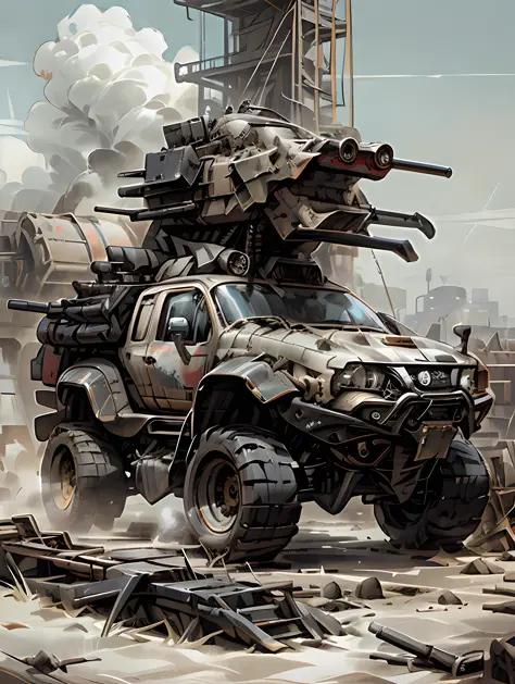 DISEL PUNK, araf cargo truck on the back (WEAPONS, CANNONS, DESTRUCTIVE, MISSILES, SUBMACHINE GUNS), concept art by Aleksander K...