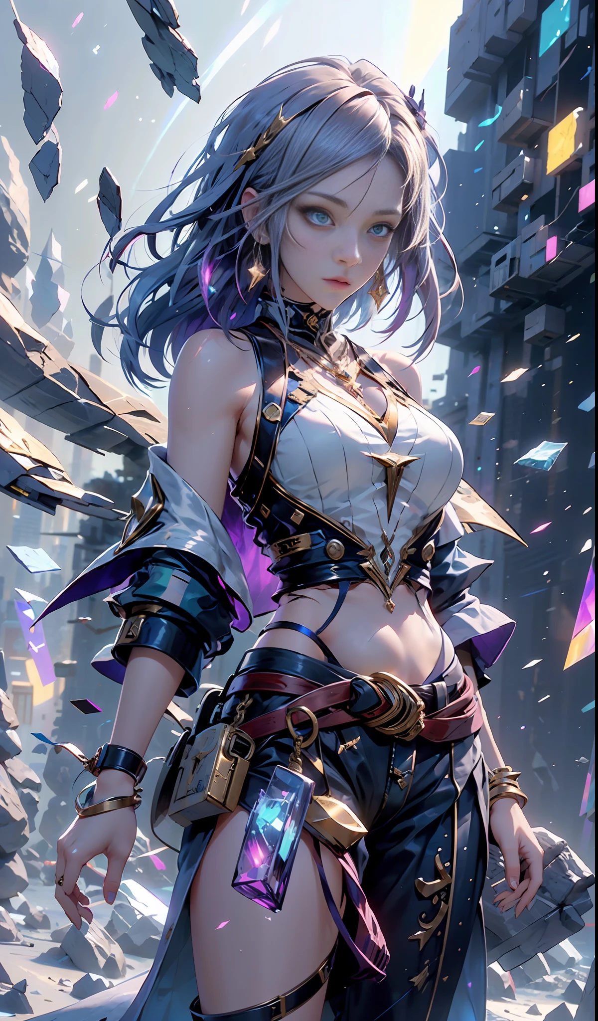 digital analysis, anime style, woman, elemental mage engulfed in blue flames and yellow lightning, color chaos, gold and ice tones, depth of field, beautiful, highly detailed, surreal, cinematic lighting, clear, spatial background, cinematic lighting soft, (backlight: 1.2), (blossom: 1.2), (brightness: 1.1), (chromatic aberration: 1.2), sharp focus, high contrast , masterpiece, realistic, dynamic pose.