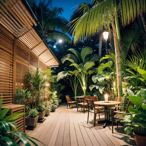 Stroll through the courtyard surrounded by colorful tropical plants and the fragrance of fresh flowers. Stretch out on a bamboo chaise longue and look out over the turquoise lawn and blue sky. Breeze and soak up memories of Borneo's beaches. As night falls...