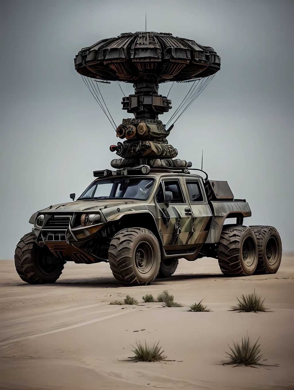 DISEL PUNK, araf cargo truck on the back (WEAPONS, CANNONS, DESTRUCTIVE, MISSILES, SUBMACHINE GUNS), concept art by Aleksander Kobzdej, deviantart, self-destructive art, EXTREMELY full of alien military equipment, military transport platform with apocalyptic weapons and missiles, in Mad Max style, polished and intricate state-of-the-art military vehicles, heavily armored, mechanized transport full of mechanics,  Futuristic vehicle, concept vehicle with incredible apocalyptic adaptations, vehicles, fully armored, redneck, perfect combination of war vehicles, technology and science, ((((Extremely detailed, finely tuned and defined, finely detailed, extremely intricate,