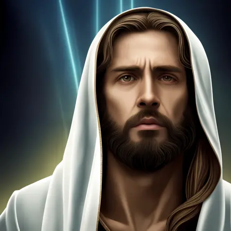 jesus with a beard and a white robe, portrait of jesus christ, jesus face, jesus christ, jesus of nazareth, tron legacy jesus ch...