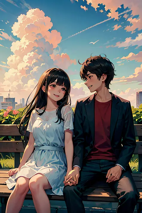 (masterpiece:1.3), best quality, official art, 1girl, 1boy, (cute:1.3), sitting on a park bench, (holding hands), smiling, blush...