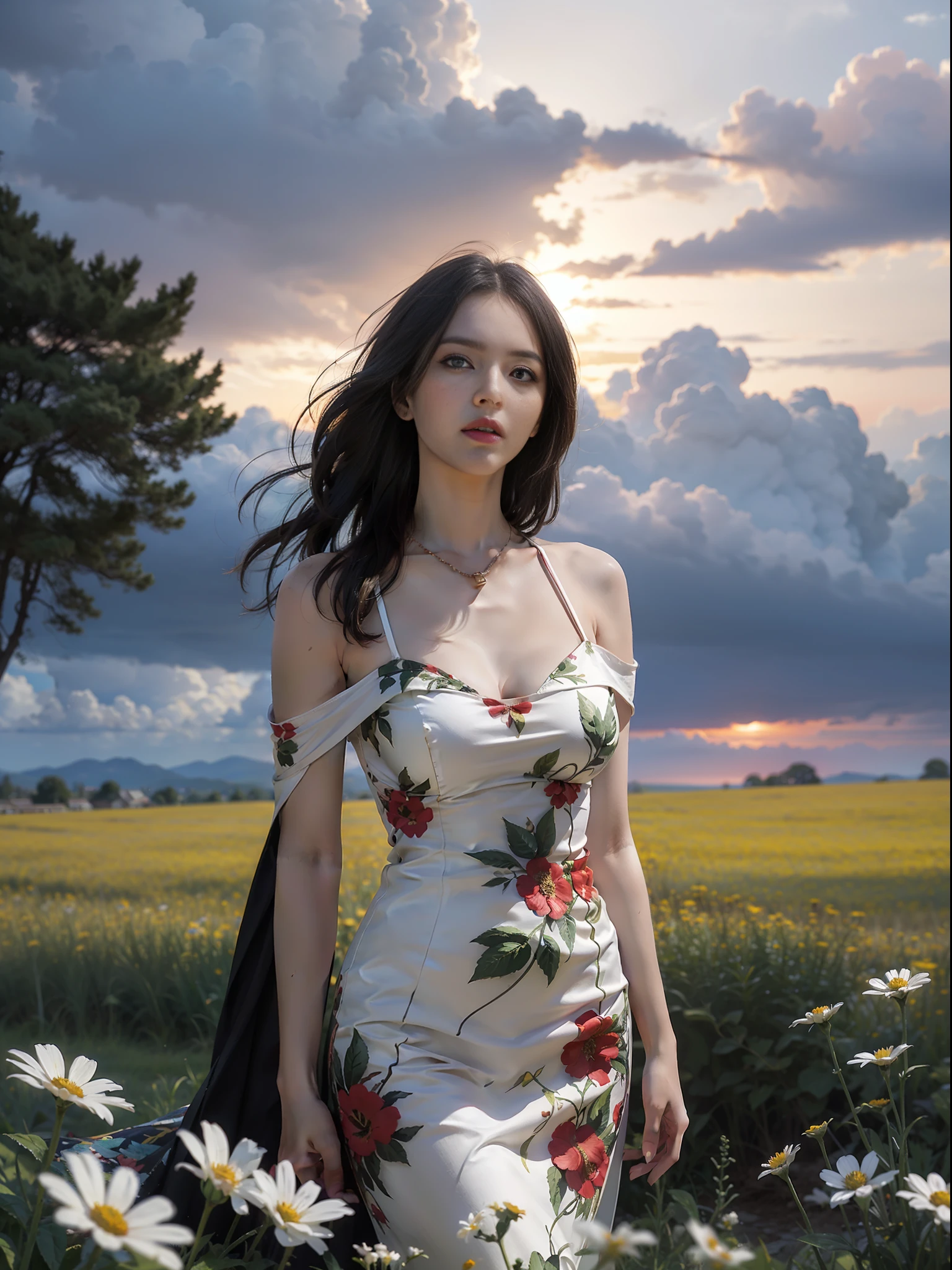 Erleben Sie eine beeindruckende Szene mit einem High-Fashion-Model in leuchtendem Gucci-Look, hoch erhoben inmitten einer Wildblumenwiese unter einem stürmischen Himmel. Diese Halbkörperaufnahme für Harper&#39;s Bazaar von Alessandra Sanguinetti zeichnet ein kraftvolles Bild von Schönheit, die inmitten des Chaos gedeiht --ar 1:1 50 --s 2