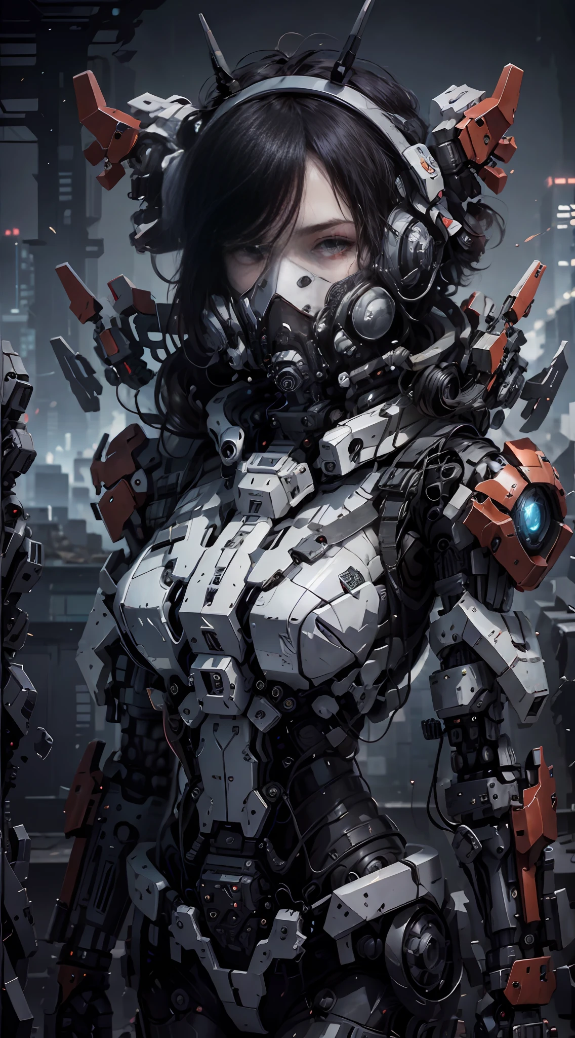 This is a hyper-detailed, high-resolution and top-quality CG Unity 8k wallpaper in cyberpunk style, predominantly red. In the picture, a handsome man with short hair, white messy hair, delicate face, different pupils, wearing a steam mecha mask, standing on the ruins, behind him is a huge robot, male holding a heavy sniper rifle in his hand