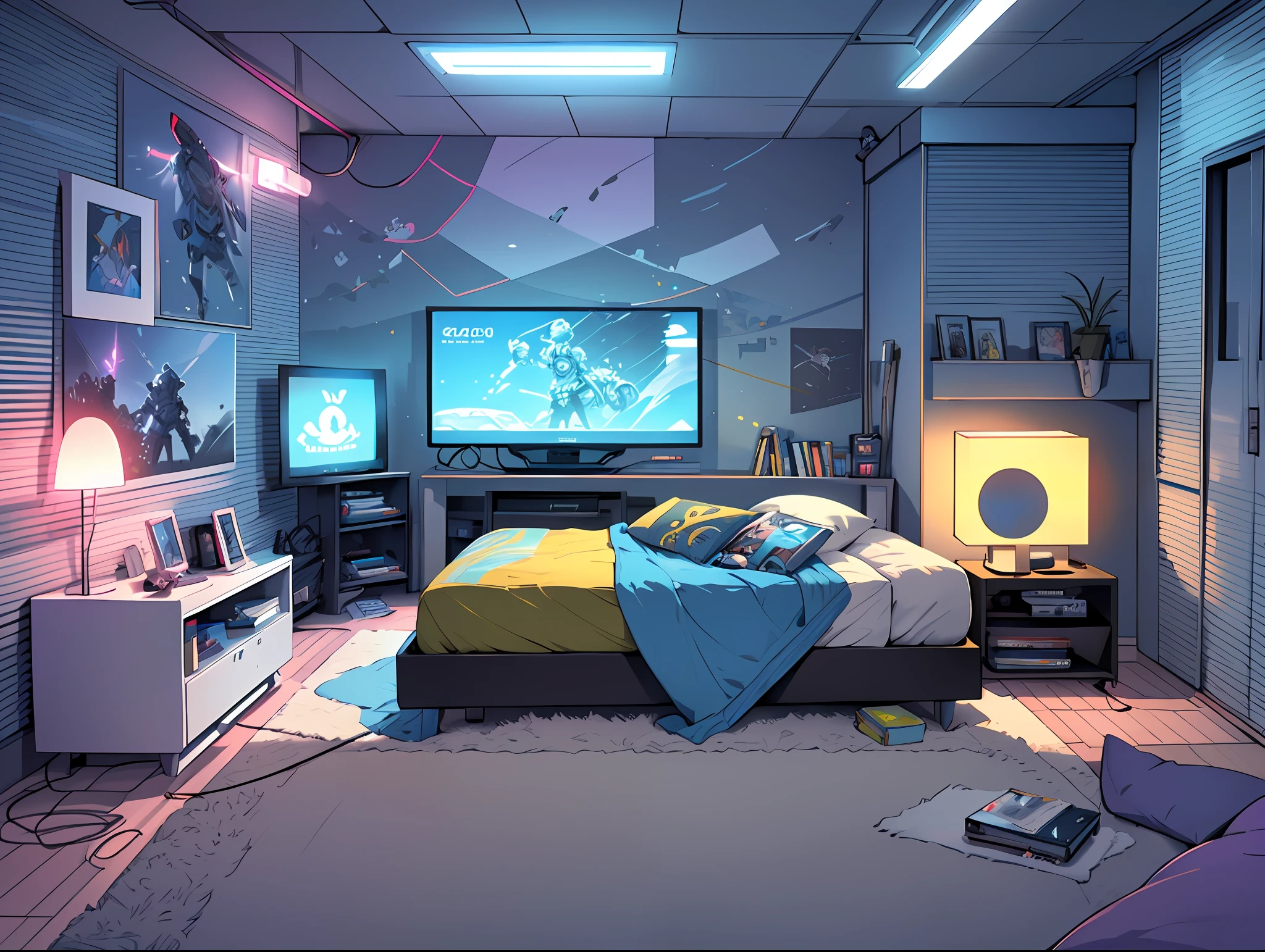 (masterpiece), (best illustration),(no humans), anime background, gaming bedroom, television with large computer, ring lighting , rim lighting,(extremely detailed CG unity 8k wallpaper),(masterpiece), (best quality), (vaporwave style), (ultra-detailed), (best illustration),(best shadow),perfect lighting , perfect anatomy , vivid colors,