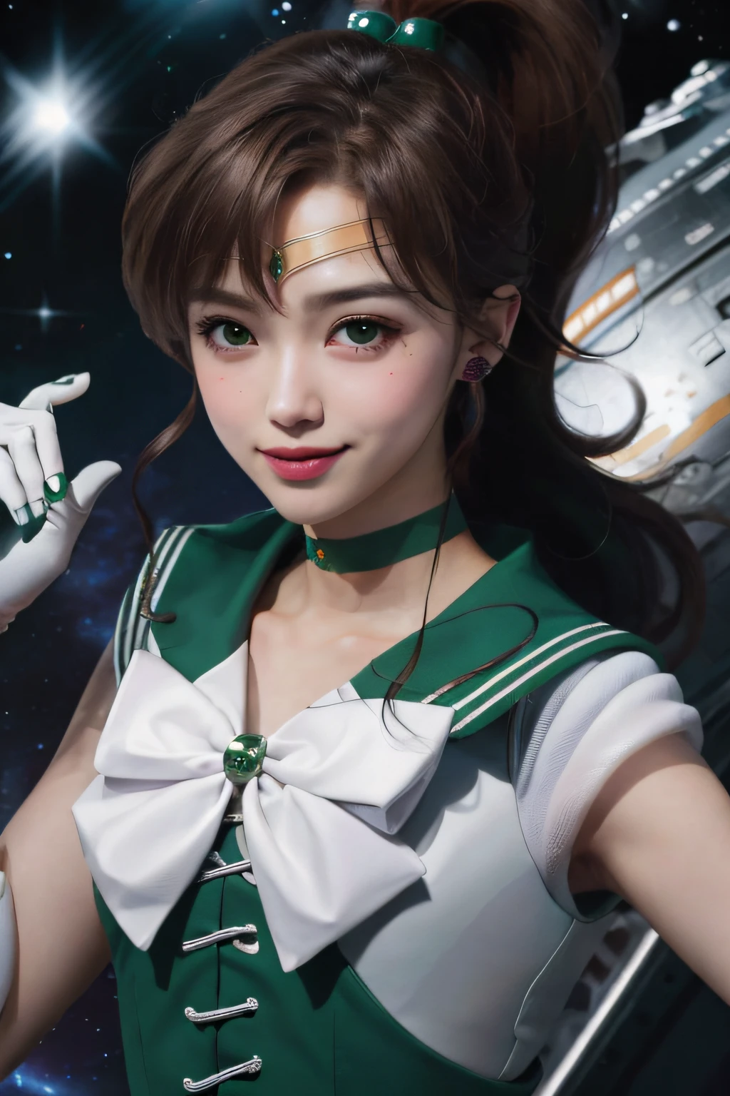 ((HD Real, SAMA1 level)), Extreme Real, Masterpiece, Best Quality, High Definition, SAMA1, Space, Stunning Beauty, Upper Body Photography, 1 Girl, Chest, Gloves, Lips, Solo, Sailor Jupiter, Green Eyes,  Uniform, mer1, Tiara, Sailor Senshi Uniform, (RAW photo, best quality), Masterpiece, Brown ponytail hair, green sailor color, bow, choker, white gloves, green choker, elbow gloves, jewelry, earrings, green skirt, sole, full body, brown ponytail hair, (perfect hands): 3.8, octane rendering, goddess of thunder, (close-up: 1.2) finely detailed, beautiful eyes, close-up, small eyes, look viewer, to8contrast style, octane line drawing, space background, Jupiter, lightning effect, green, cheerful smile, lowered hand