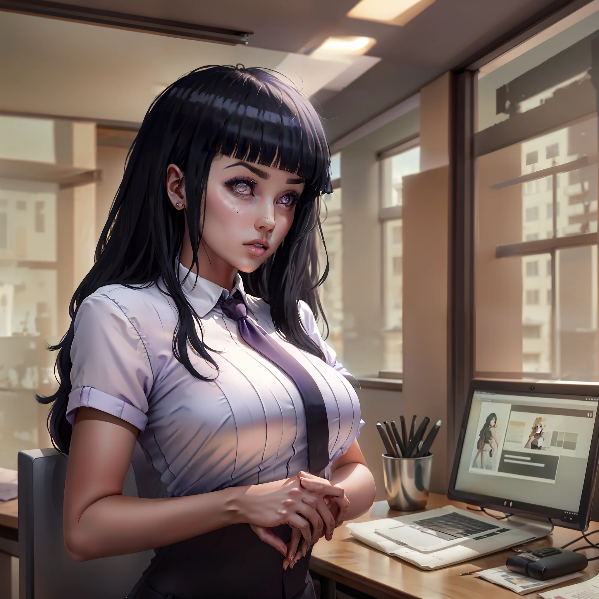 Hinata working in an office , masterpiece, great details, 6k , concerned , woman's black office suite , purplr tie long black hair , voluminous marilyn cut